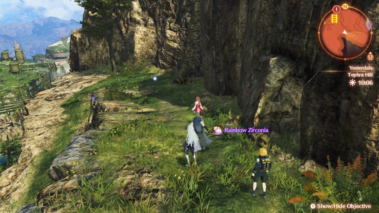 A, Rex, Glimmer, and Nikol collecting a Rainbow Zirconia in Yesterdale in Xenoblade Chronicles 3: Future Redeemed.