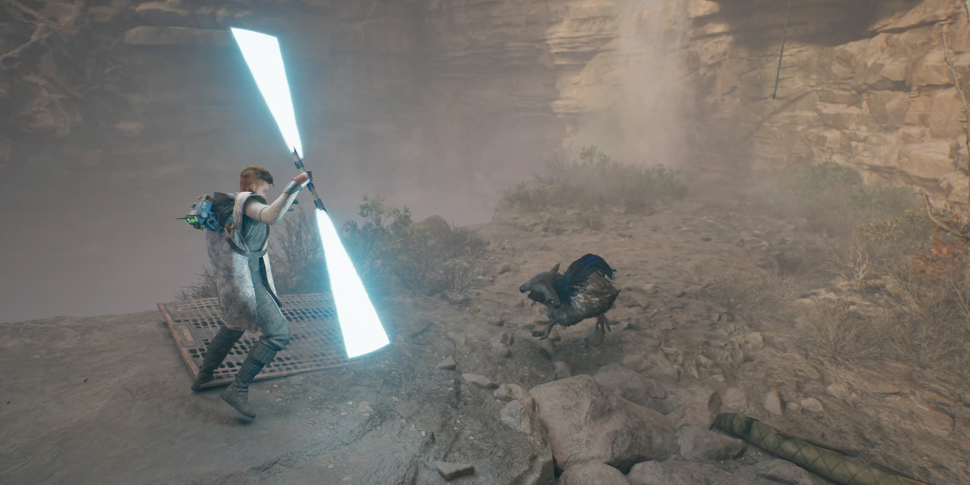 Cal swings his double-bladed lightsaber at a Rawka in Star Wars Jedi: Survivor.