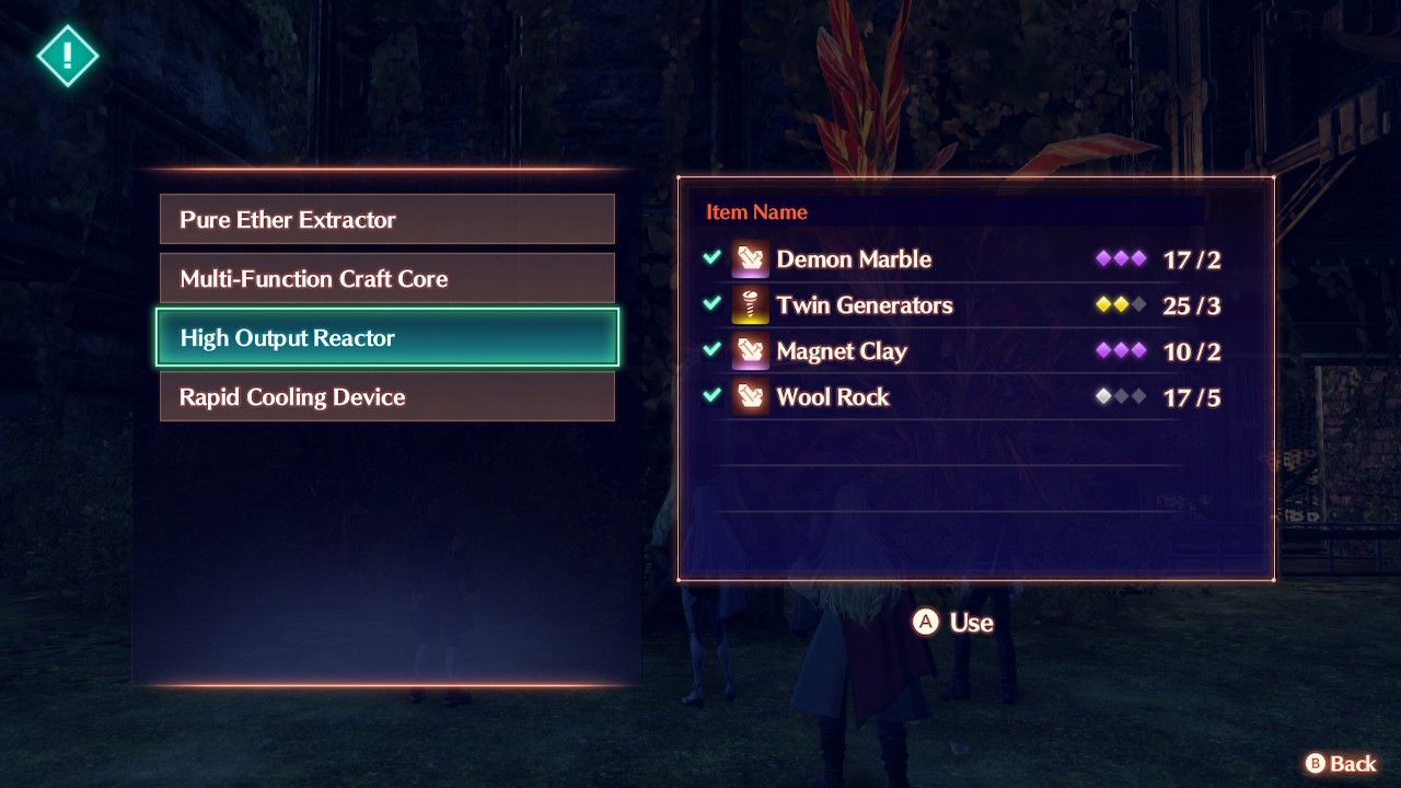 Displaying the required items to fix to the High Output Reactor to repair the Ether Furnace in Xenoblade Chronicles 3: Future Redeemed.