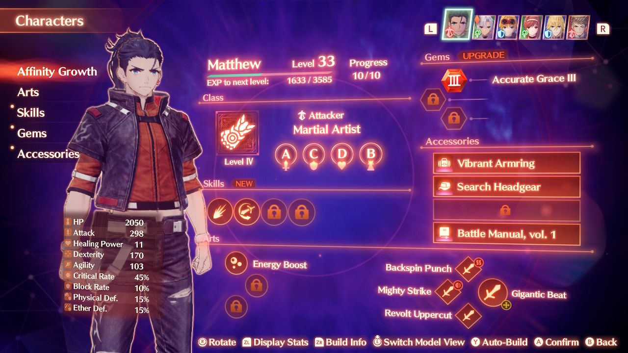 Showing off Matthew's equipment and gems in Xenoblade Chronicles 3: Future Redeemed.