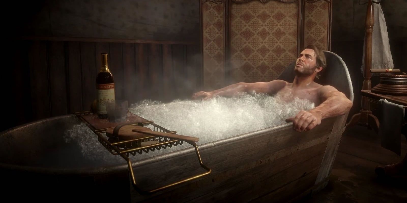Arthur taking a nice, refreshing bath in Red Dead Redemption 2