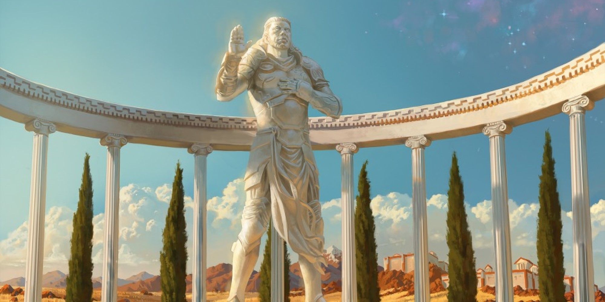MTG A statue of Gideon surrounded by pillars and trees