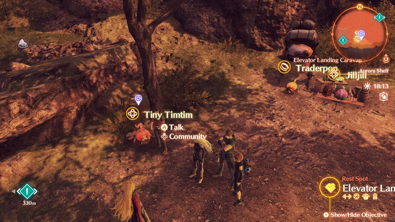 A, Rex, and Nikol approach Tiny Timtim with Jilljill in the background in Xenoblade Chronicles 3: Future Redeemed.