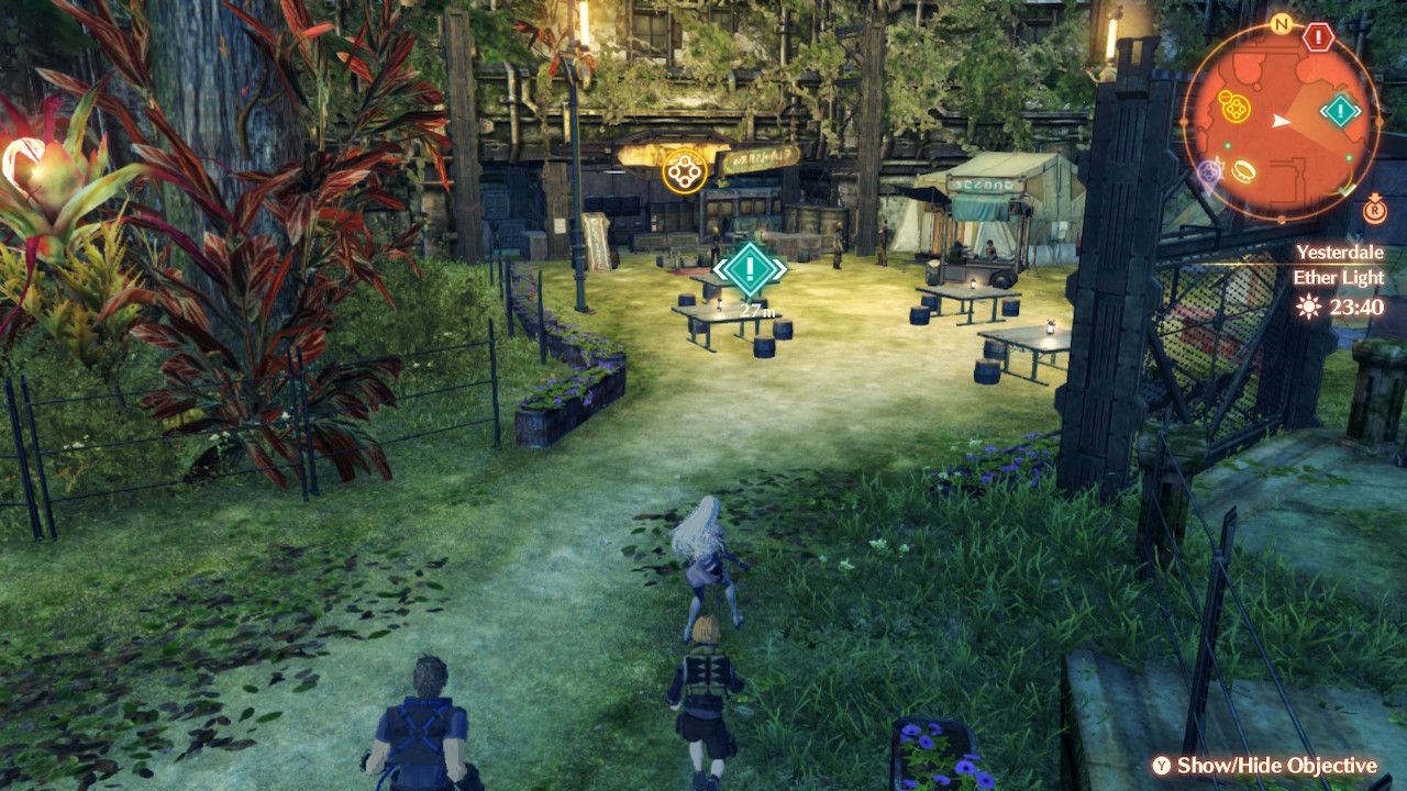 A, Nikol, and REx run toward the canteen to return a quest to Georgie in Xenoblade Chronicles 3: Future Redeemed.