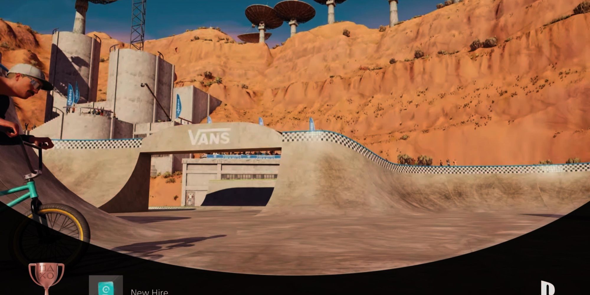 Riders Republic BMX park with a mustached rider coming into frame