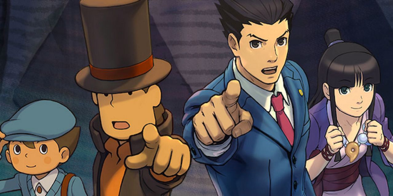 Professor Layton and Phoenix Wright with side characters