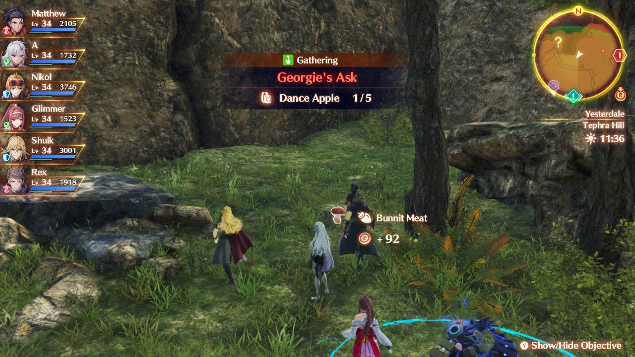 A, Rex, Nikol, Shulk, Matthew, Glimmer, and Nikol pick up a Dance Apple in Xenoblade Chronicles 3: Future Redeemed.