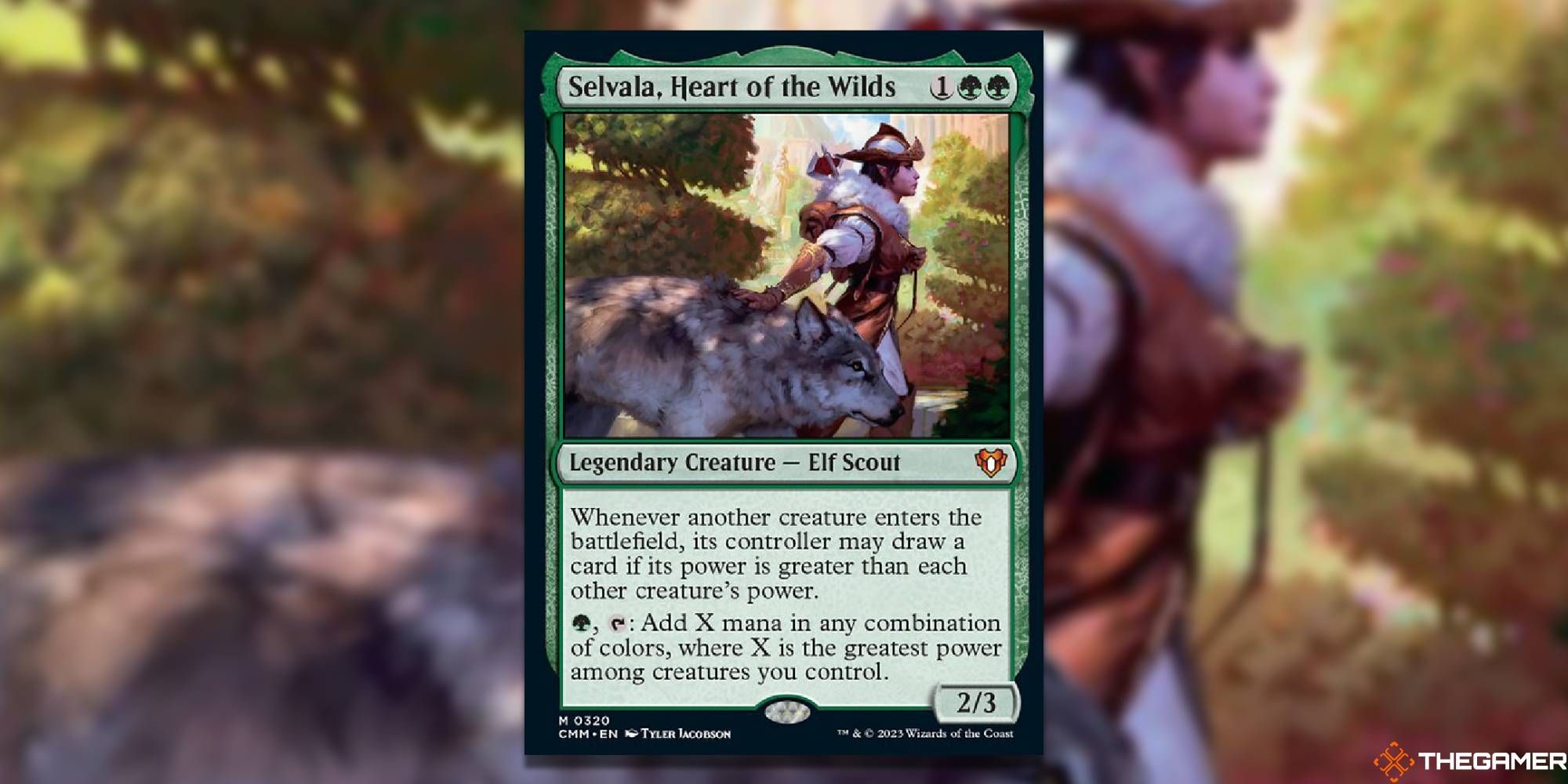 Selvala, Heart of the Wilds from Magic: the Gathering. Body Text: Whenever another creature enters the battlefield, its controller may draw a card if its power is greater than each other creature's power. G, T: Add X mana in any combination of colors to your mana pool, where X is the greatest power among creatures you control