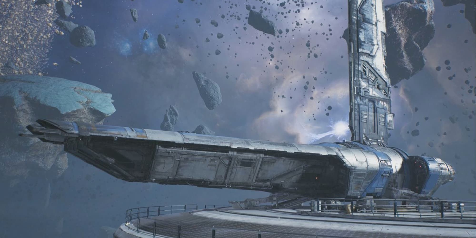 The Mantis lands on the docking pad of Koboh's Shattered Moon in Star Wars Jedi: Survivor.