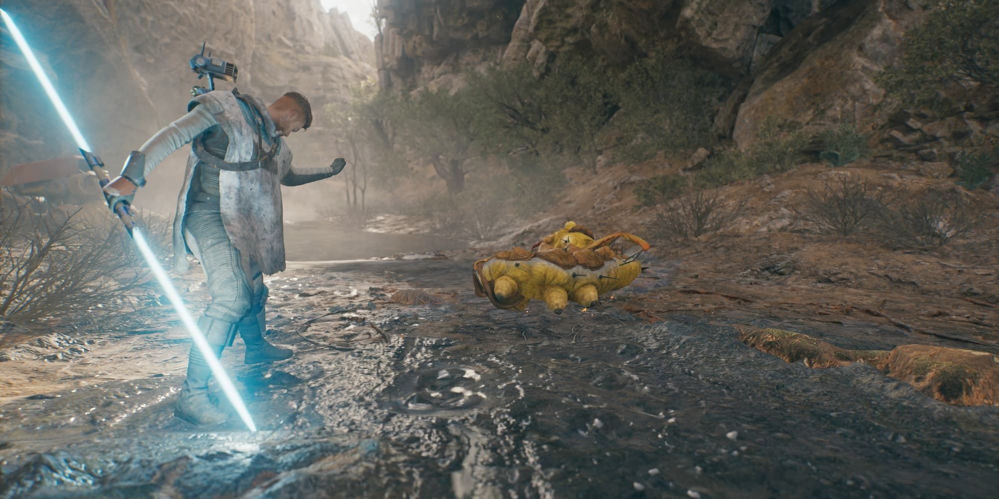Cal Kestis stands over a slain Shiverpede, sliced in half, in Star Wars Jedi: Survivor.