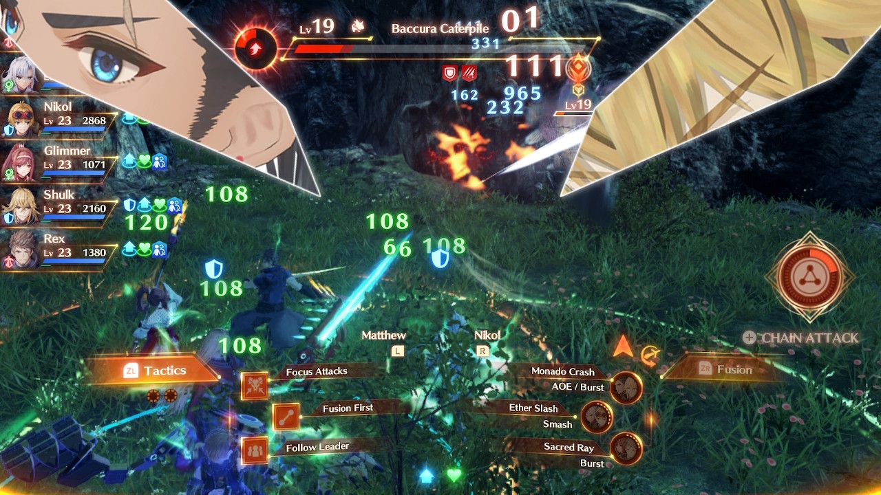 A, Nikol, Shulk, Rex, and Glimmer fighting while Matthew and Shulk activate their Unity Combo in Xenoblade Chronicles 3: Future Redeemed.