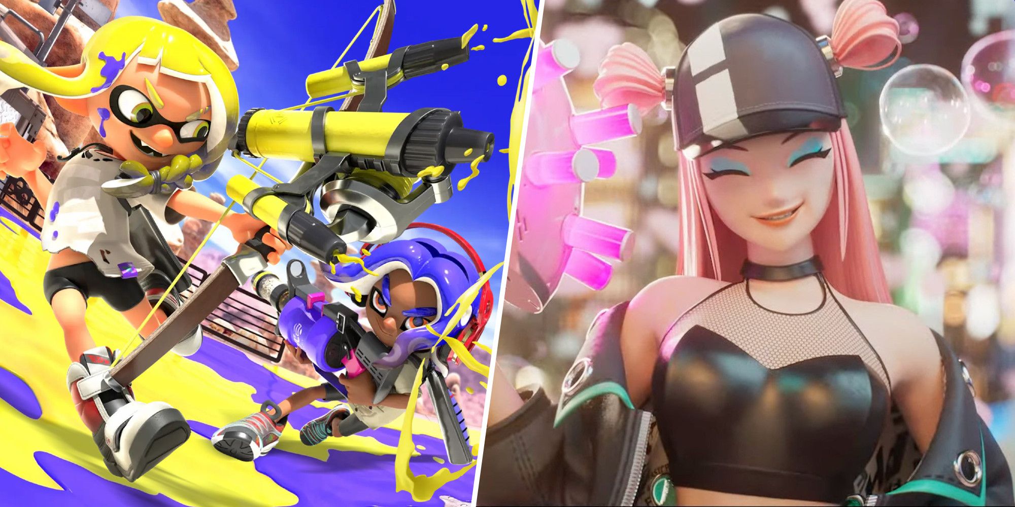 Two squid kids from Splatoon 3 and a woman from Foamstars