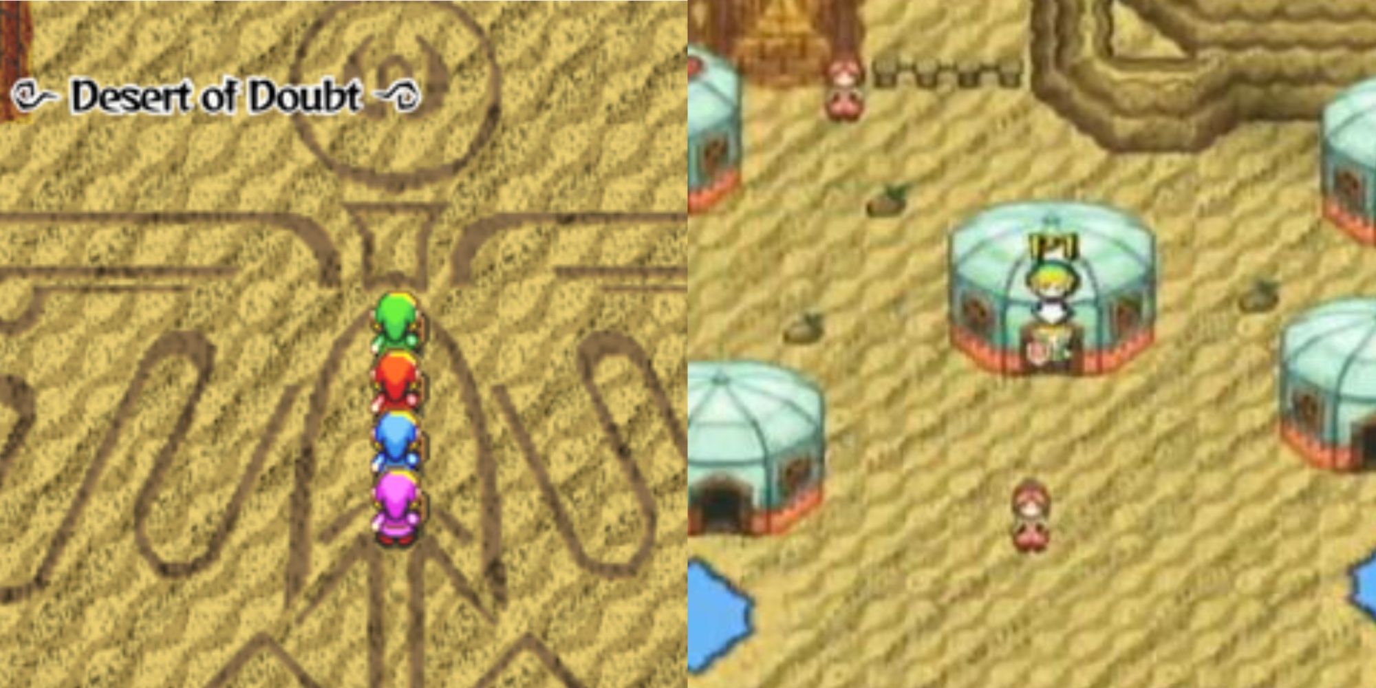 Split image of the Desert of Doubt and Gerudo Village in Four Swords Adventures