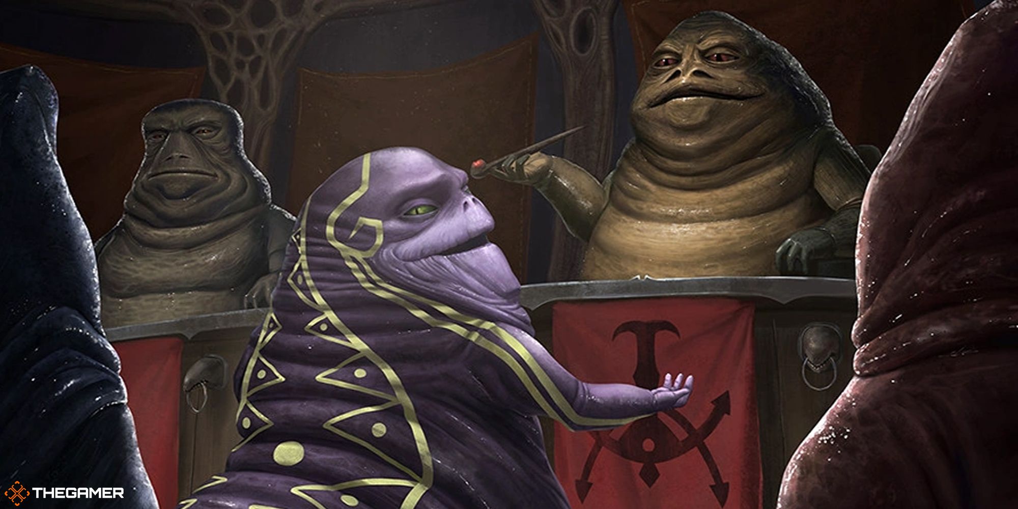 A purple Hutt speaking with the council while looking behind its back.