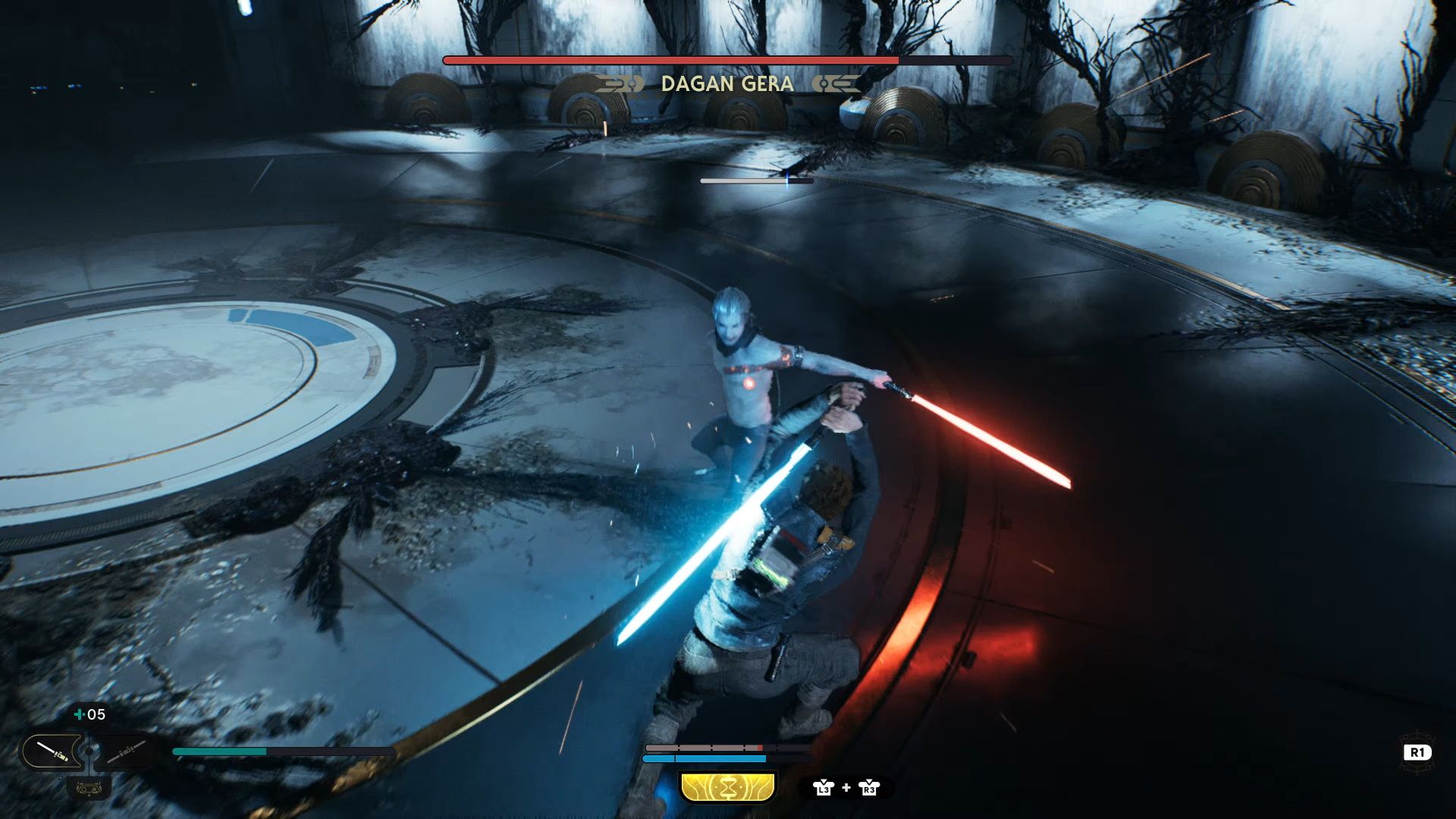 Star Wars Jedi Survivor, Cal blocking Dagan's backhanded slash