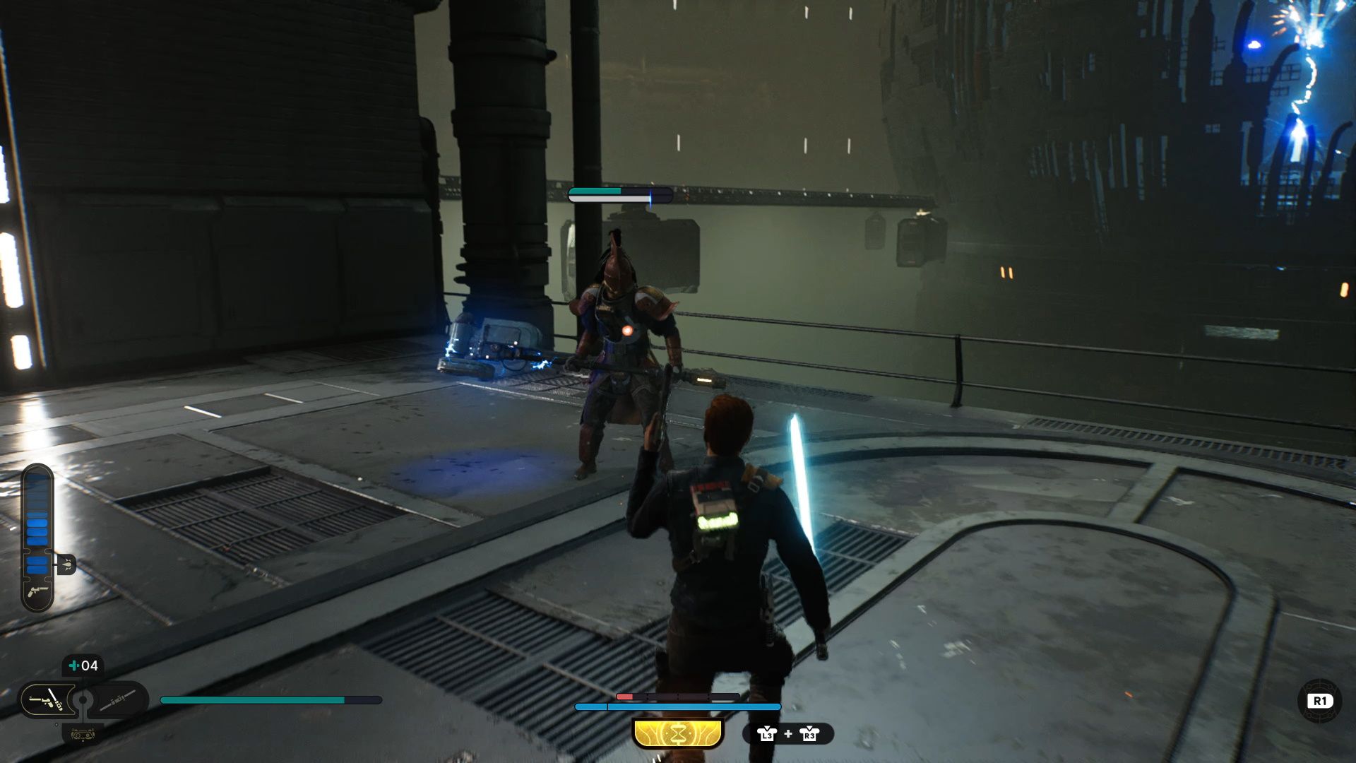 Star Wars Jedi Survivor, Cal facing off against the Bedlam Smasher