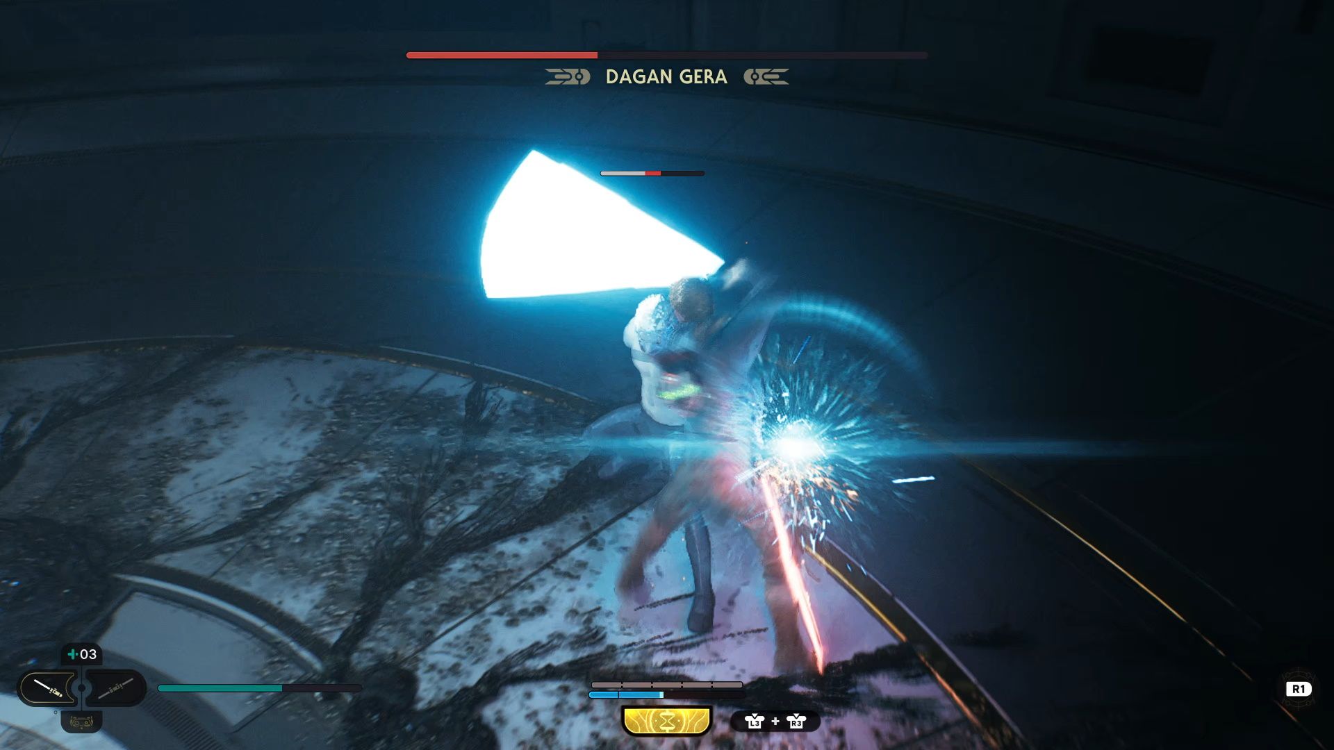 Star Wars Jedi Survivor, Cal Parrying Dagan's thrusting strike