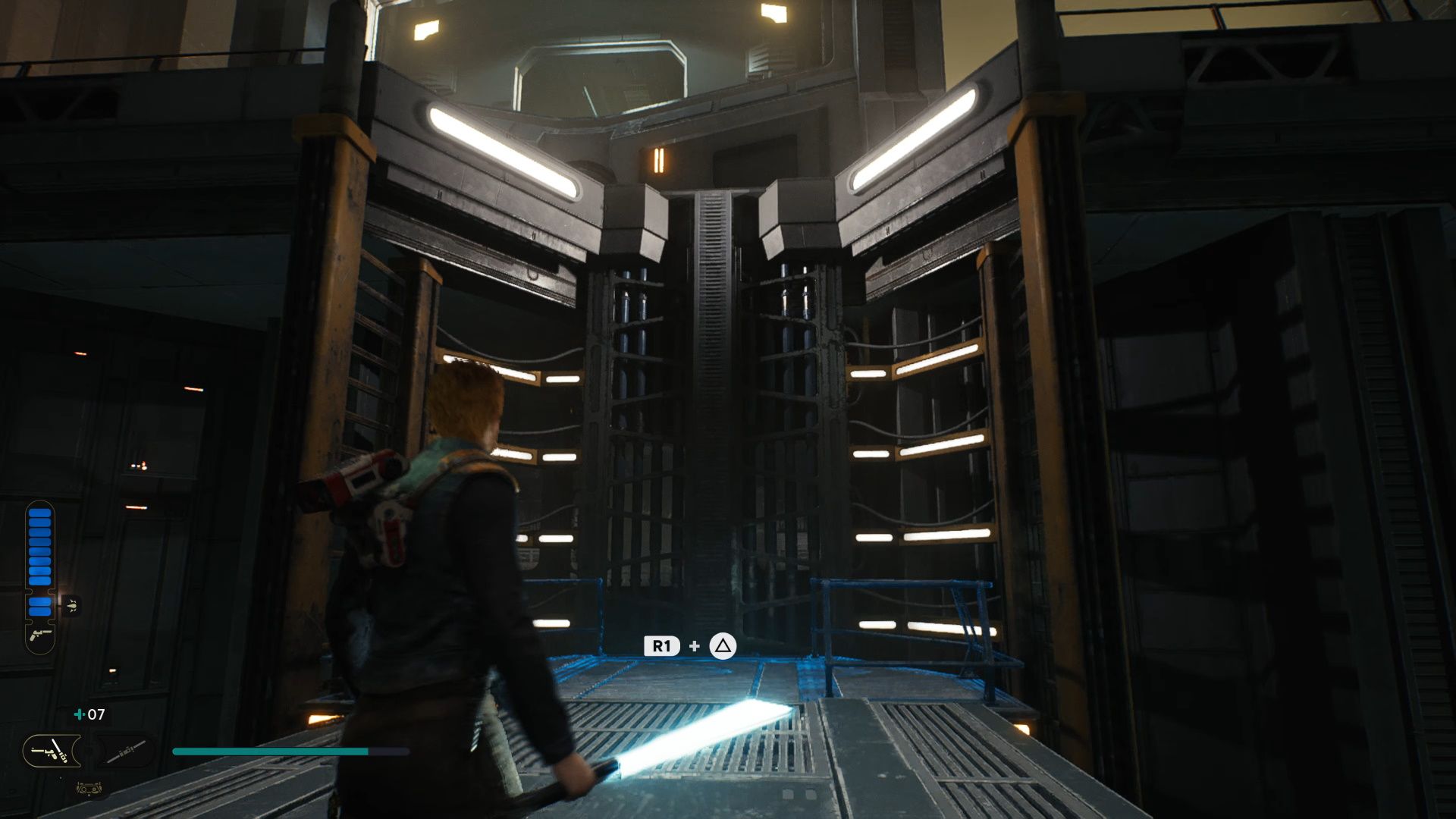 Star Wars Jedi Survivor, Cal pulling down the lift