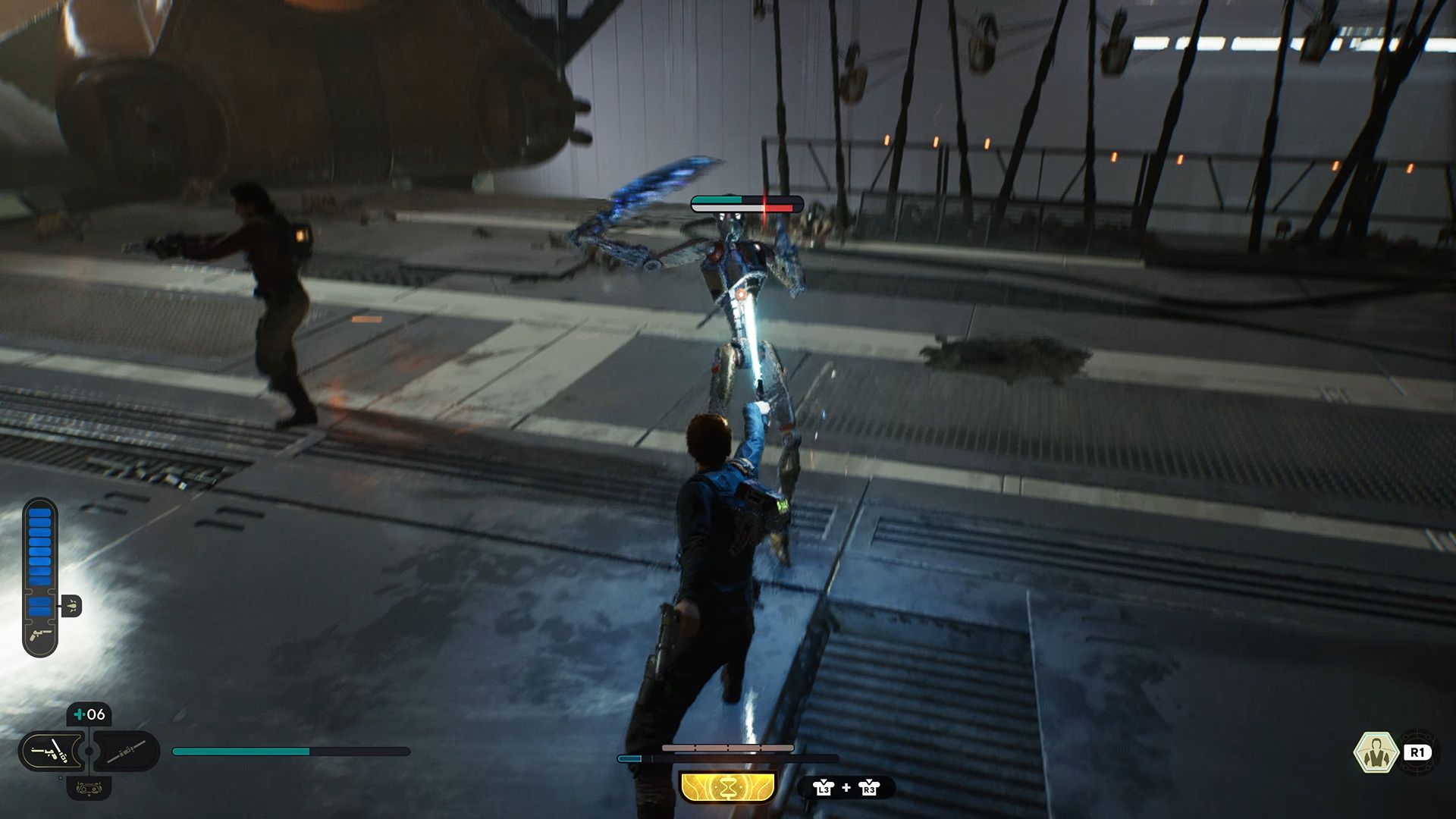 Star Wars Jedi Survivor, Cal stabbing a BX droid