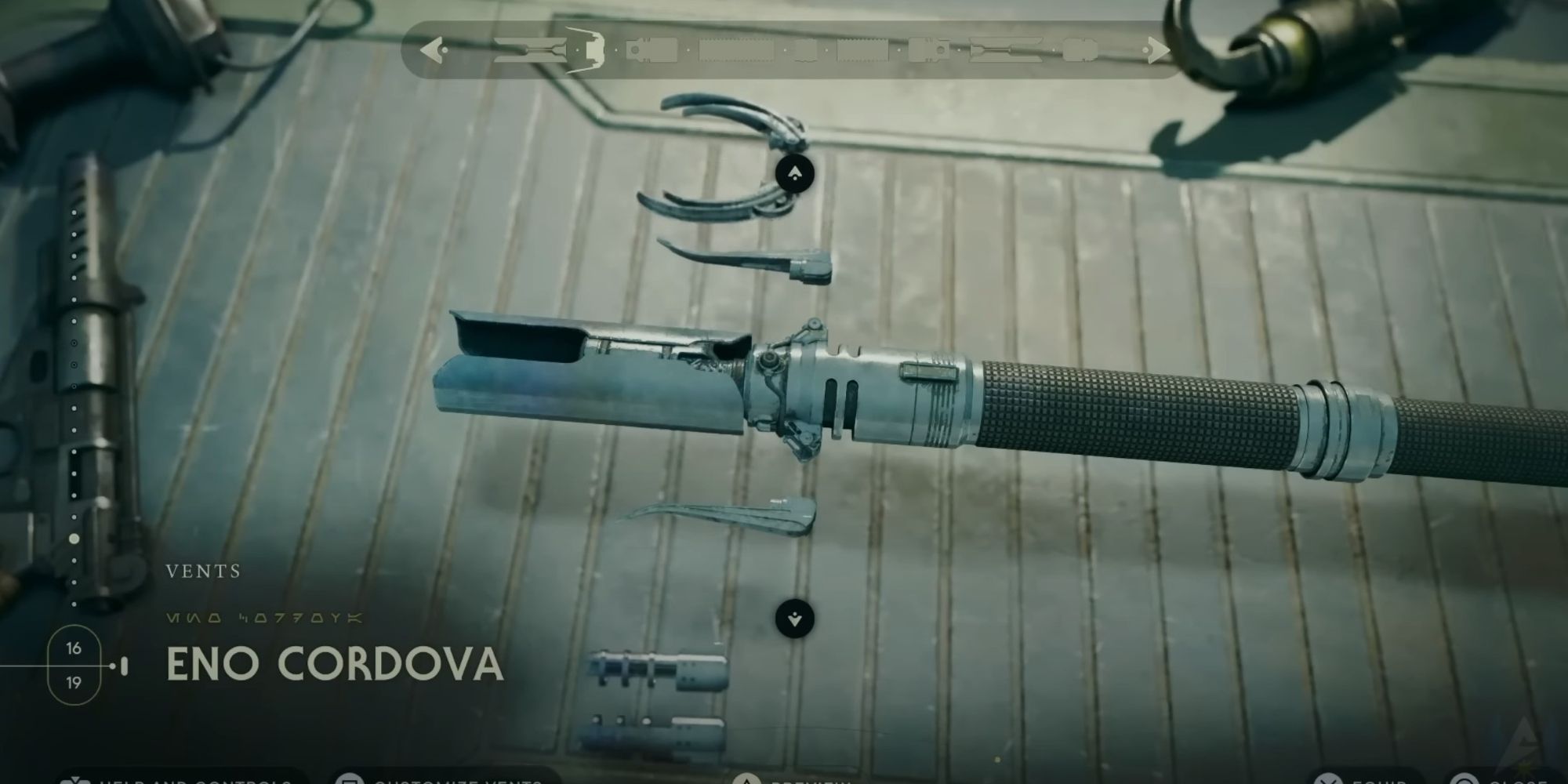 An image from Star Wars Jedi Survivor of the Eno Cordova lightsaber Vent