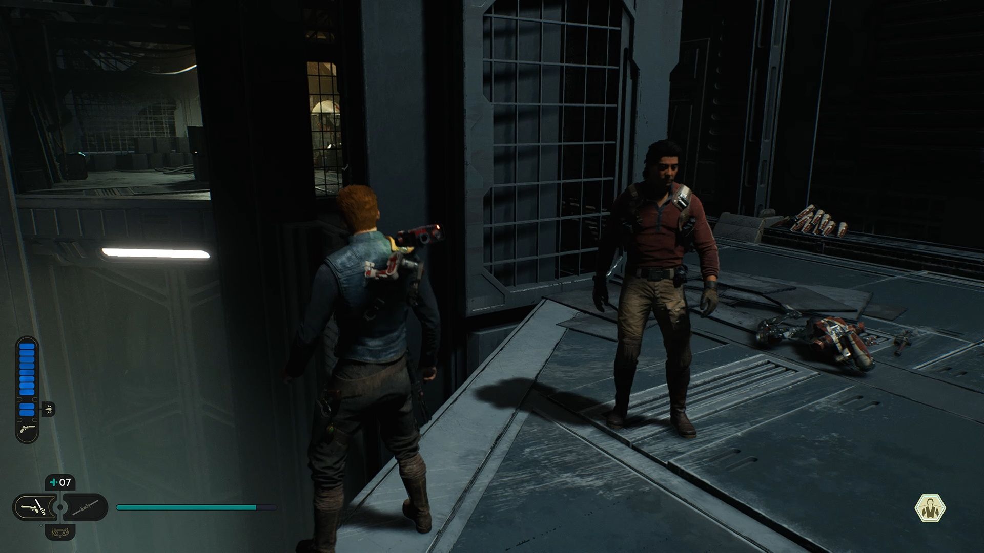 Star Wars Jedi Survivor, the hidden area to the right of the giant drop in the barracks