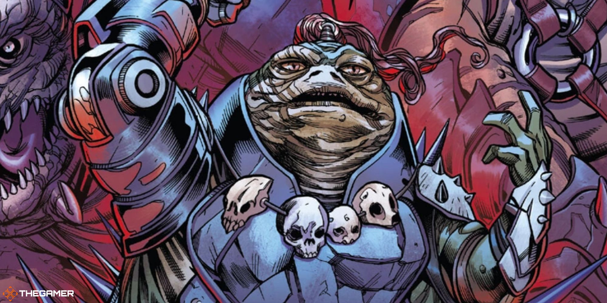 A Hutt wearing an armor with skulls as a necklace.