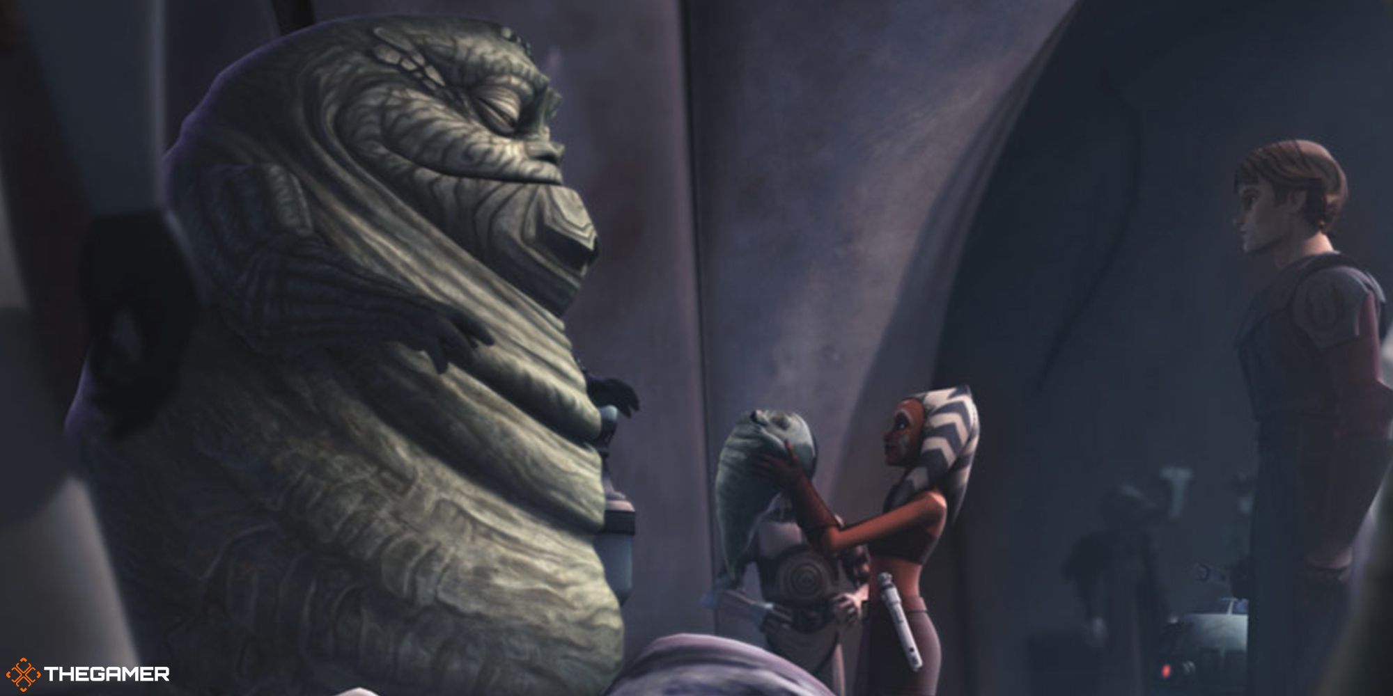 A bigg Hutt receiving a smaller Hutt from Ahsoka and Anakin.