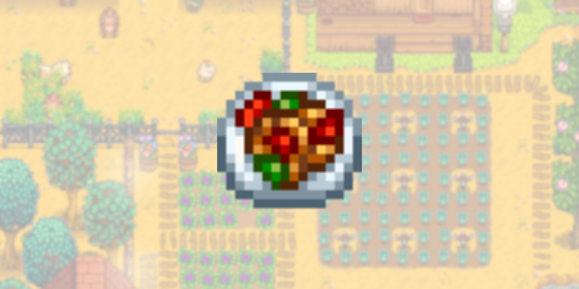 Stardew Valley pepper poppers in front of blurred farm background