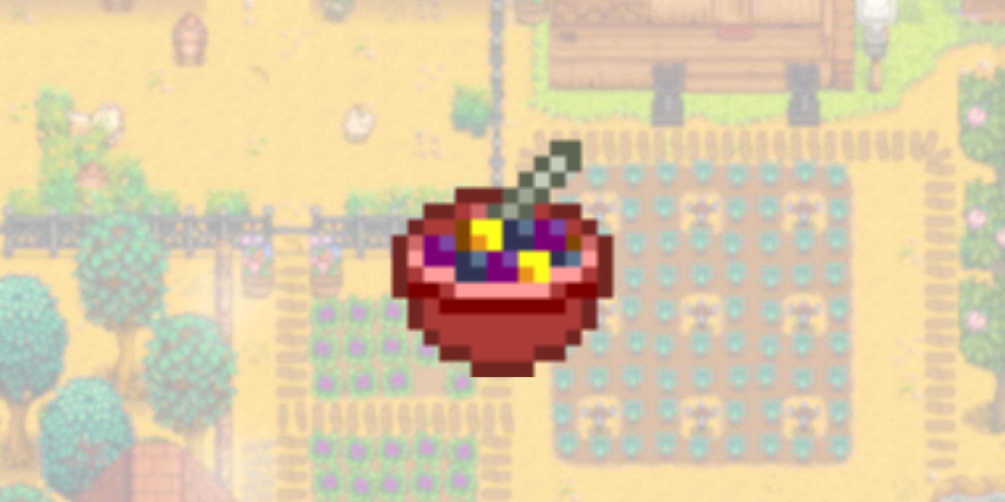 Stardew Valley fruit salad in front of a blurred farm background