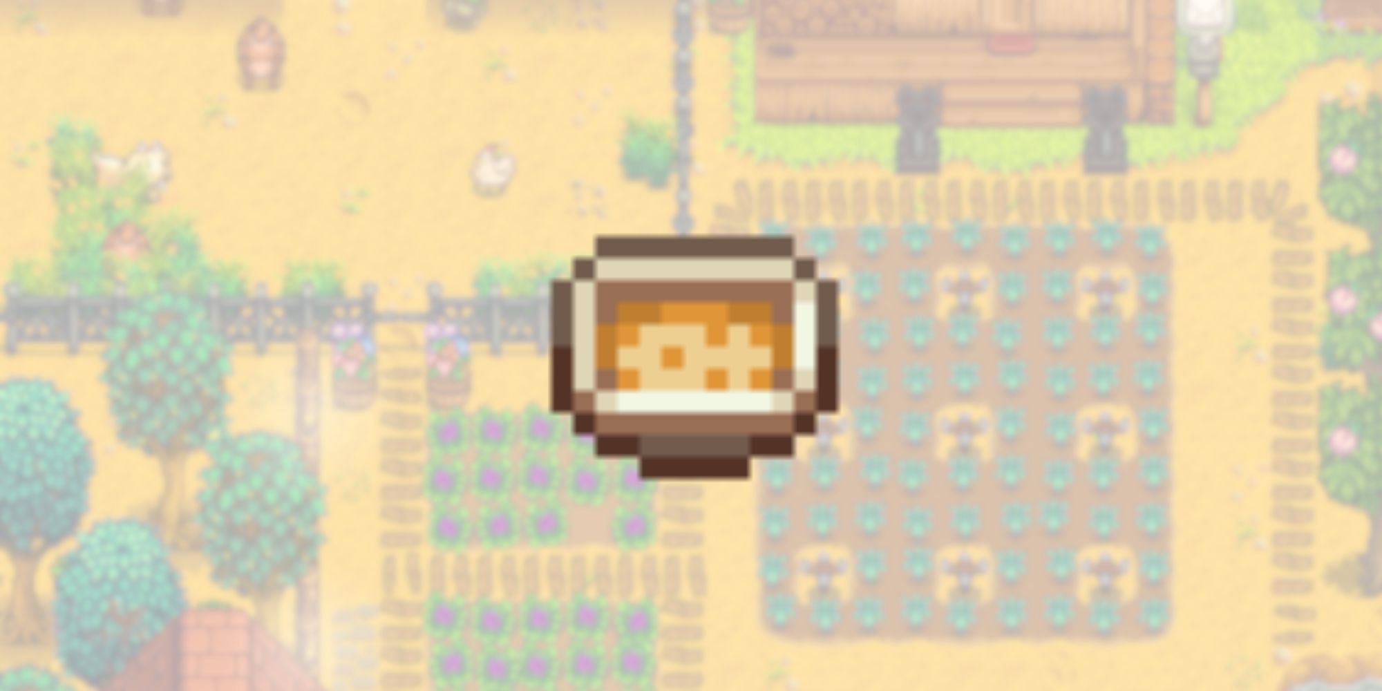 Stardew Valley lobster bisque in front of a blurred farm background