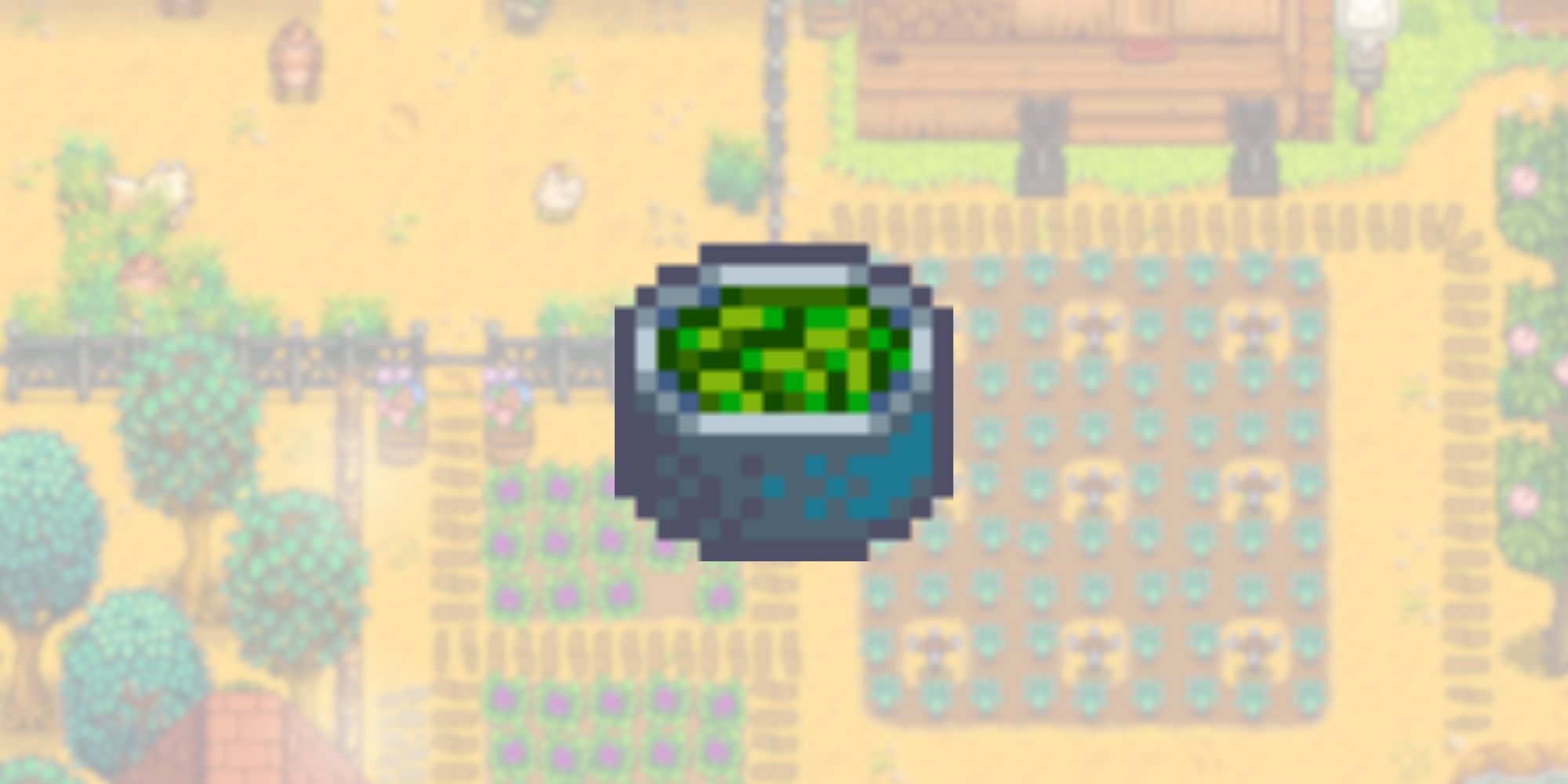 Stardew Valley bean hotpot in front of a blurred farm background