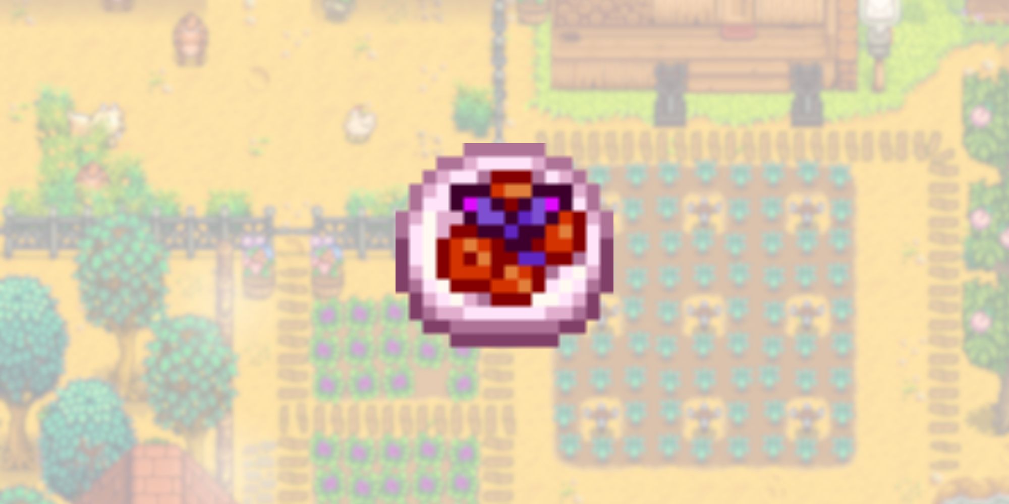 Stardew Valley red plate in front of a blurred farm background