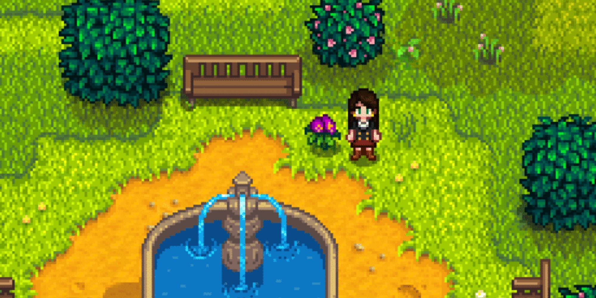 Stardew Valley Sweet Pea near a fountain and a bench