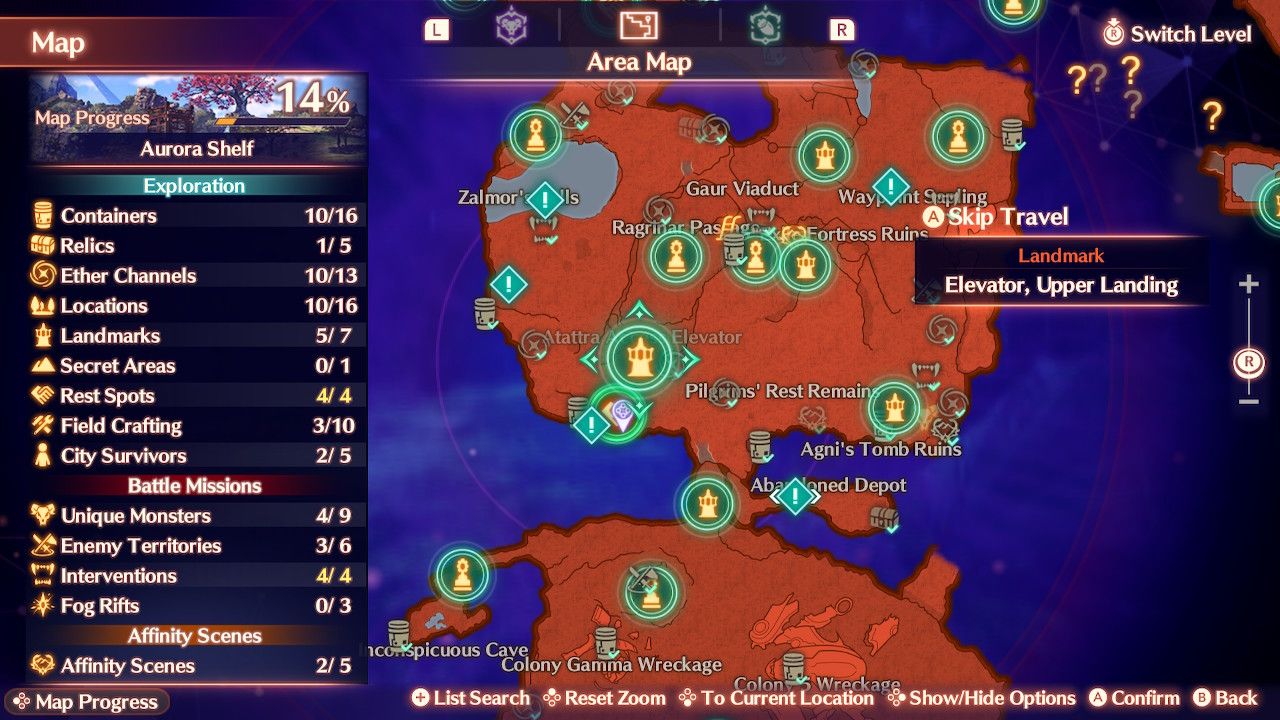 An image of the Aurora Shelf on a map in Xenoblade Chronicles 3: Future Redeemed.