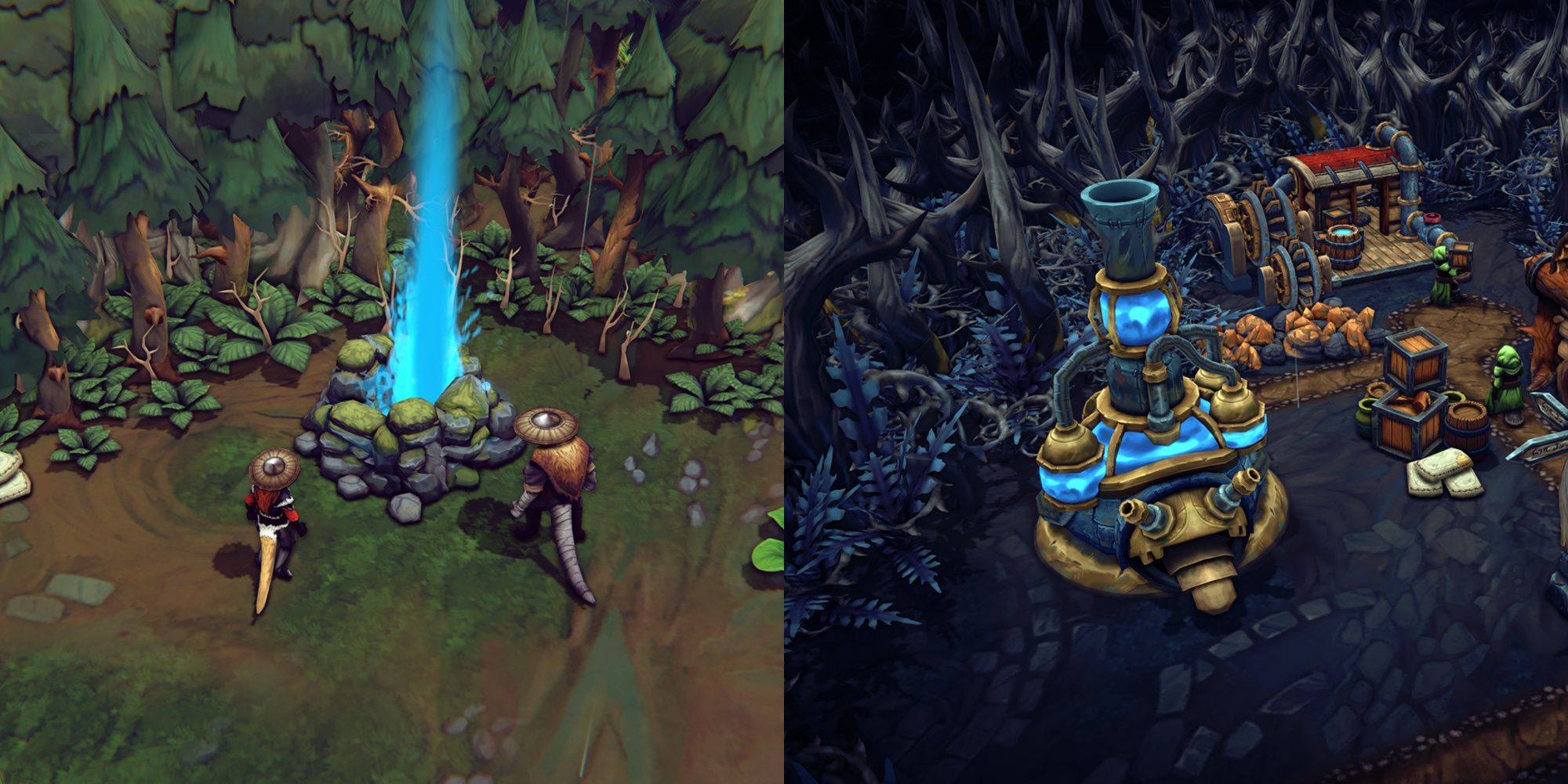 A Storm Geyser spewing Blue Storm Water (left) and A Geyser Pump on a Storm Geyser (right) 