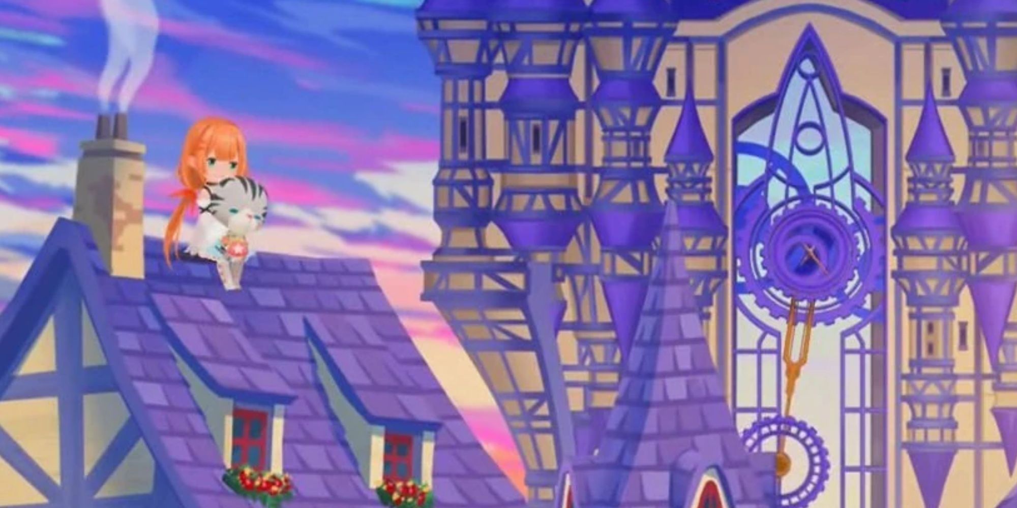 Strelitzia and her Chirithy sit on a rooftop in Daybreak Town