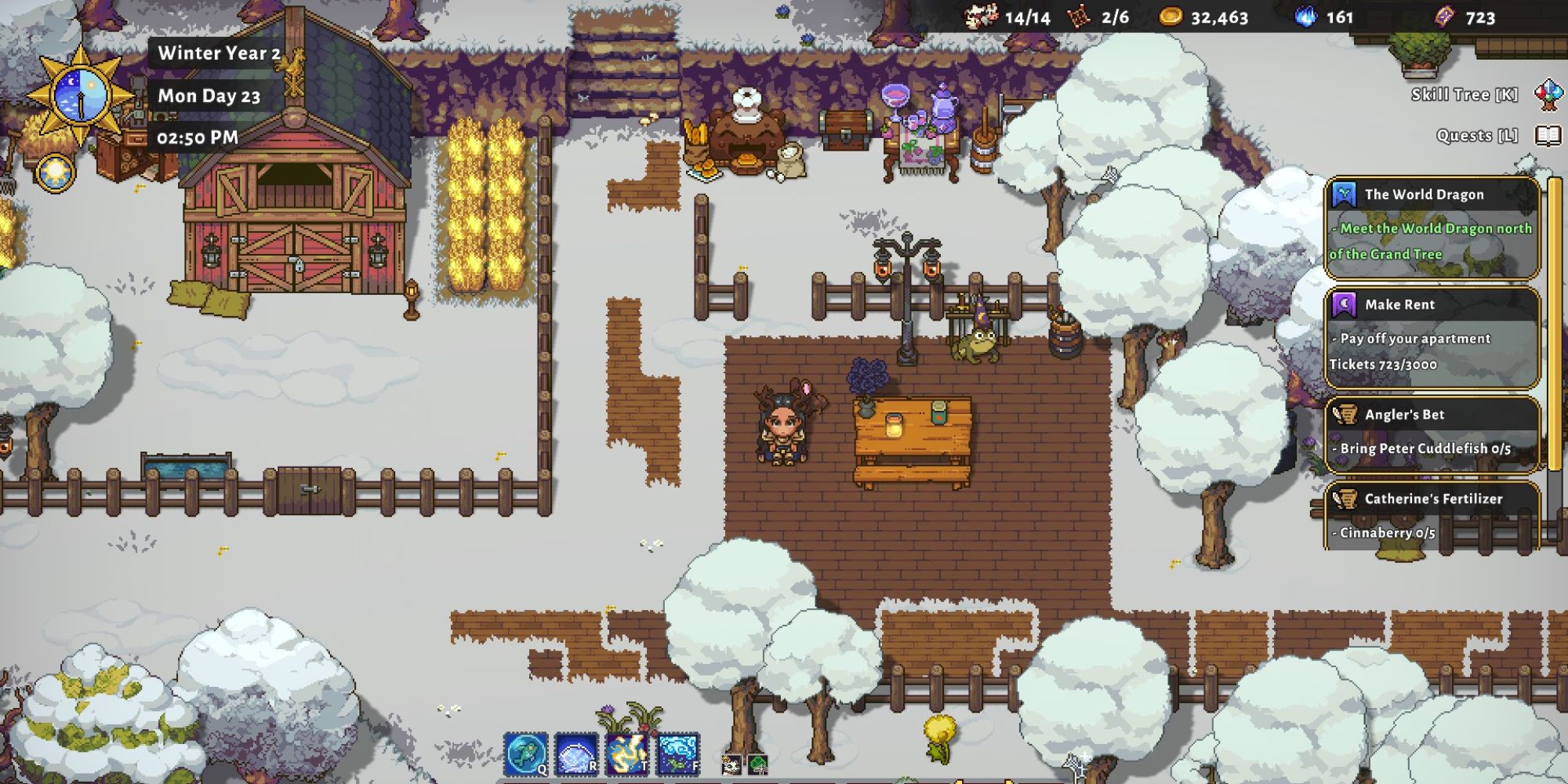 sun haven farm in winter player near picnic bench and barn