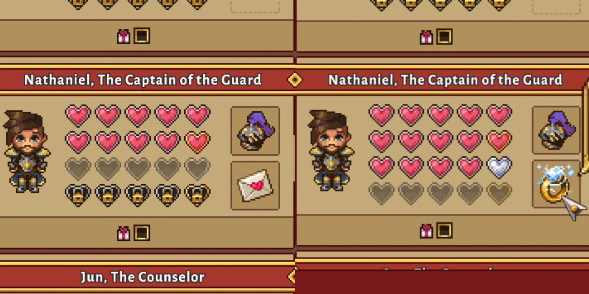 sun haven nathaniel relationship status menu with full hearts, love letter, and ring