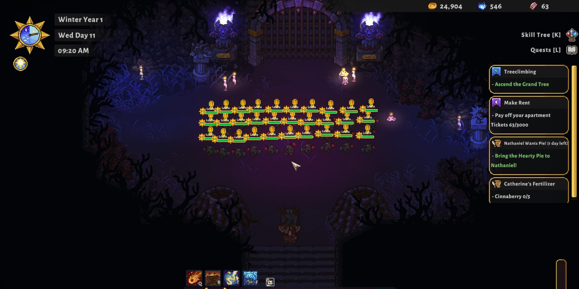 A player against dozens of leafies in the combat dungeon in Sun Haven.
