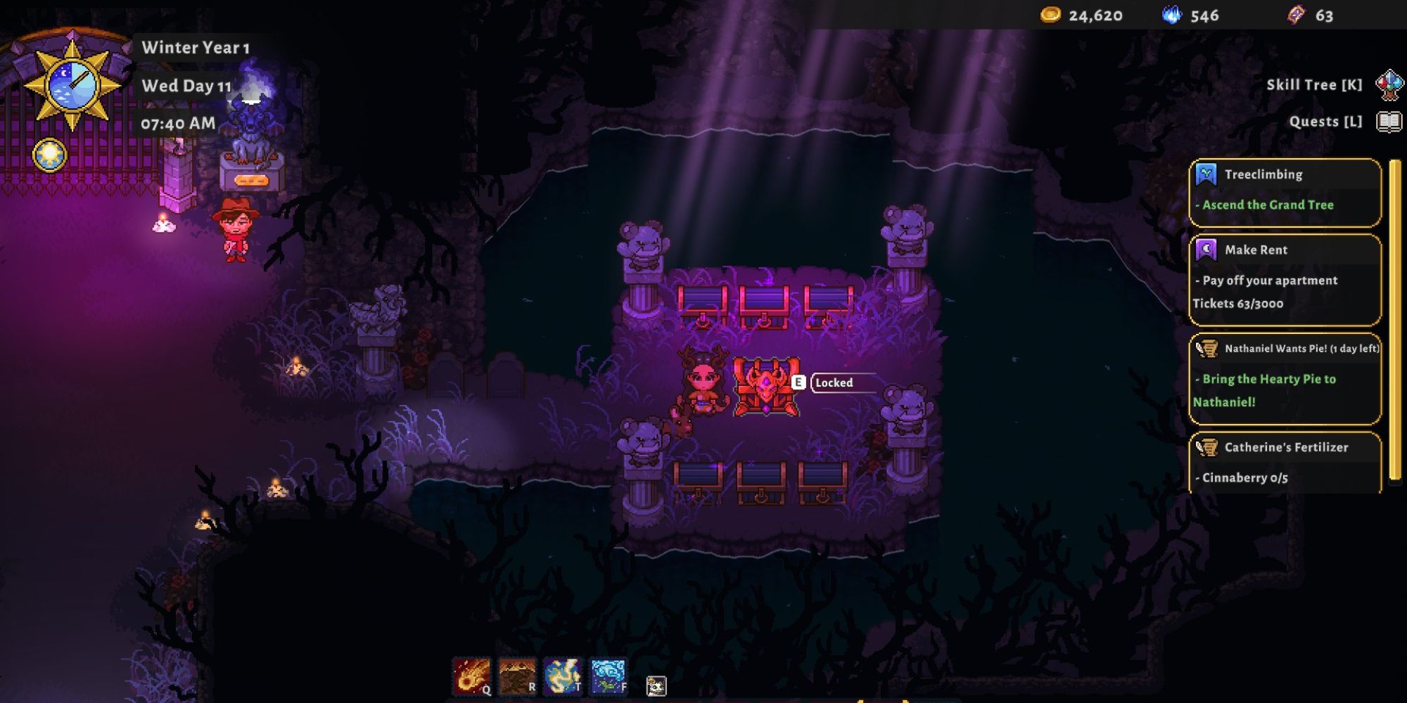 A player beside locked chests in combat dungeon in Sun Haven.