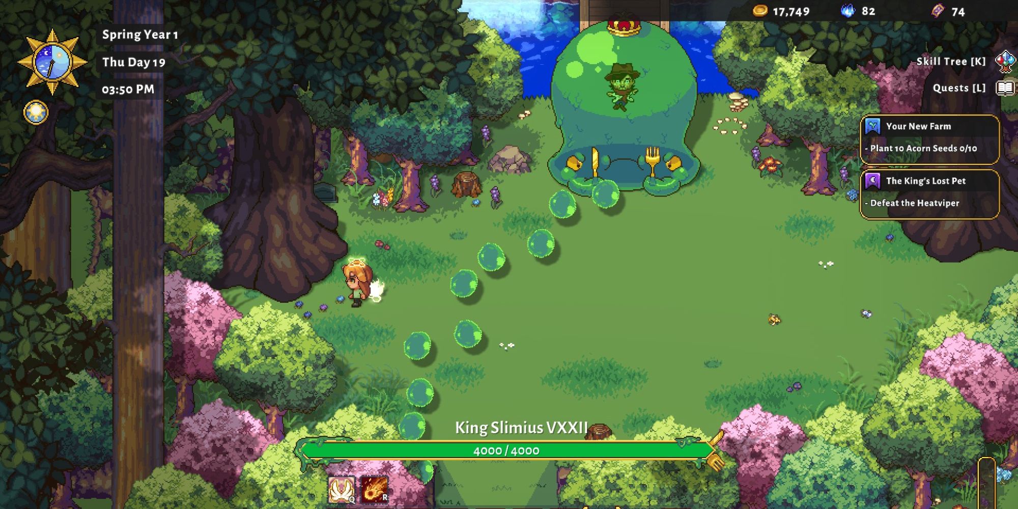A player dodging King Slimius bubbles in Sun Haven.