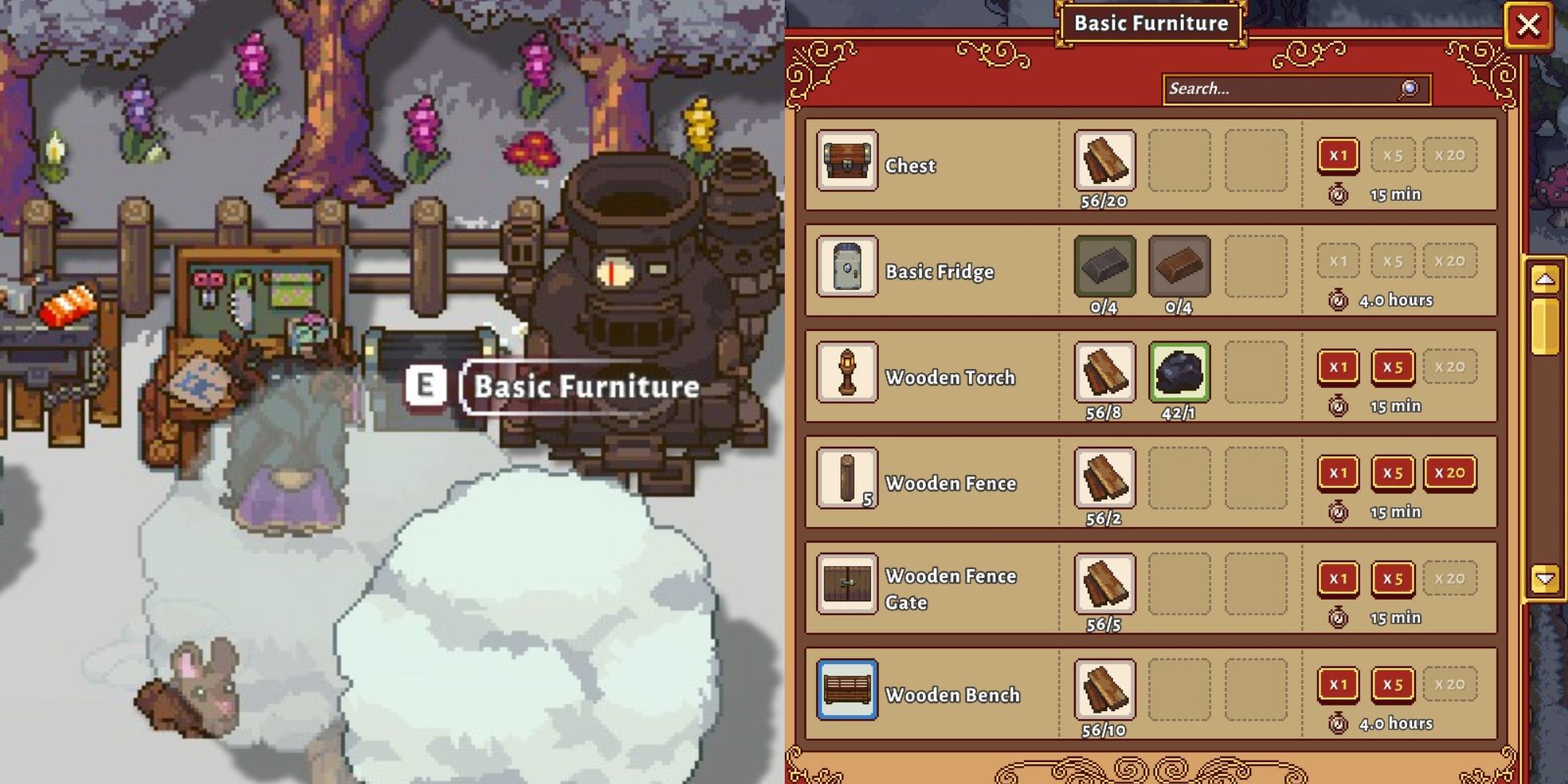 sun haven player next to furniture crafting table and furnace and then crafting menu for basic furniture