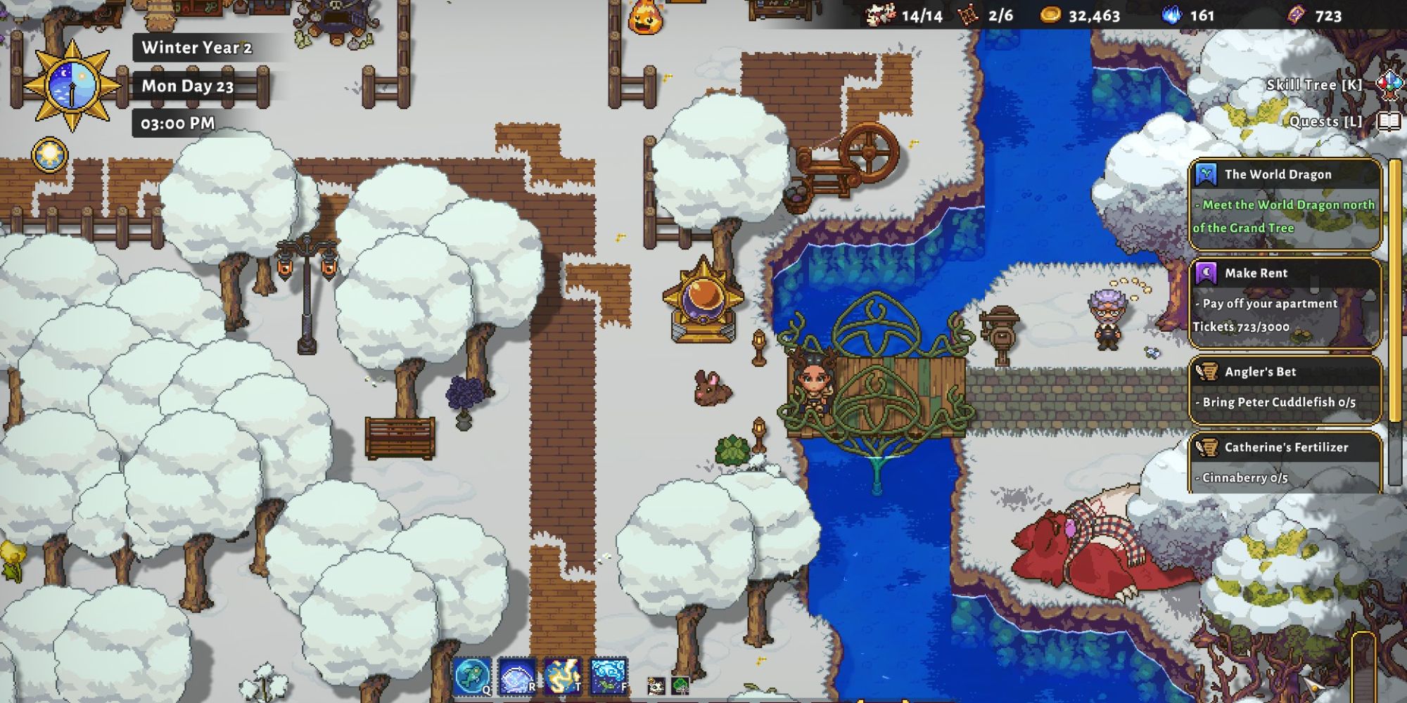 sun haven player on elven bridge in winter farm next to sleeping snaccoon