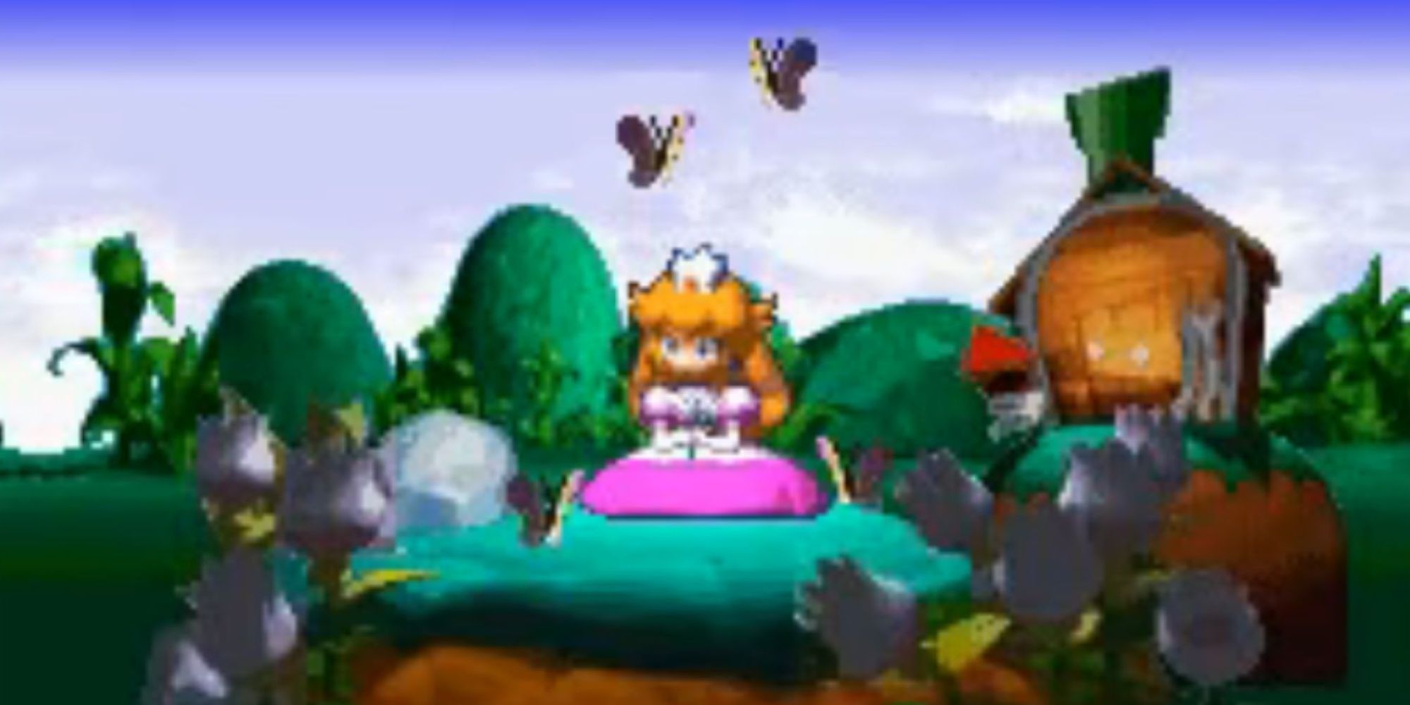 Peach sits on a hill outside Mario's house