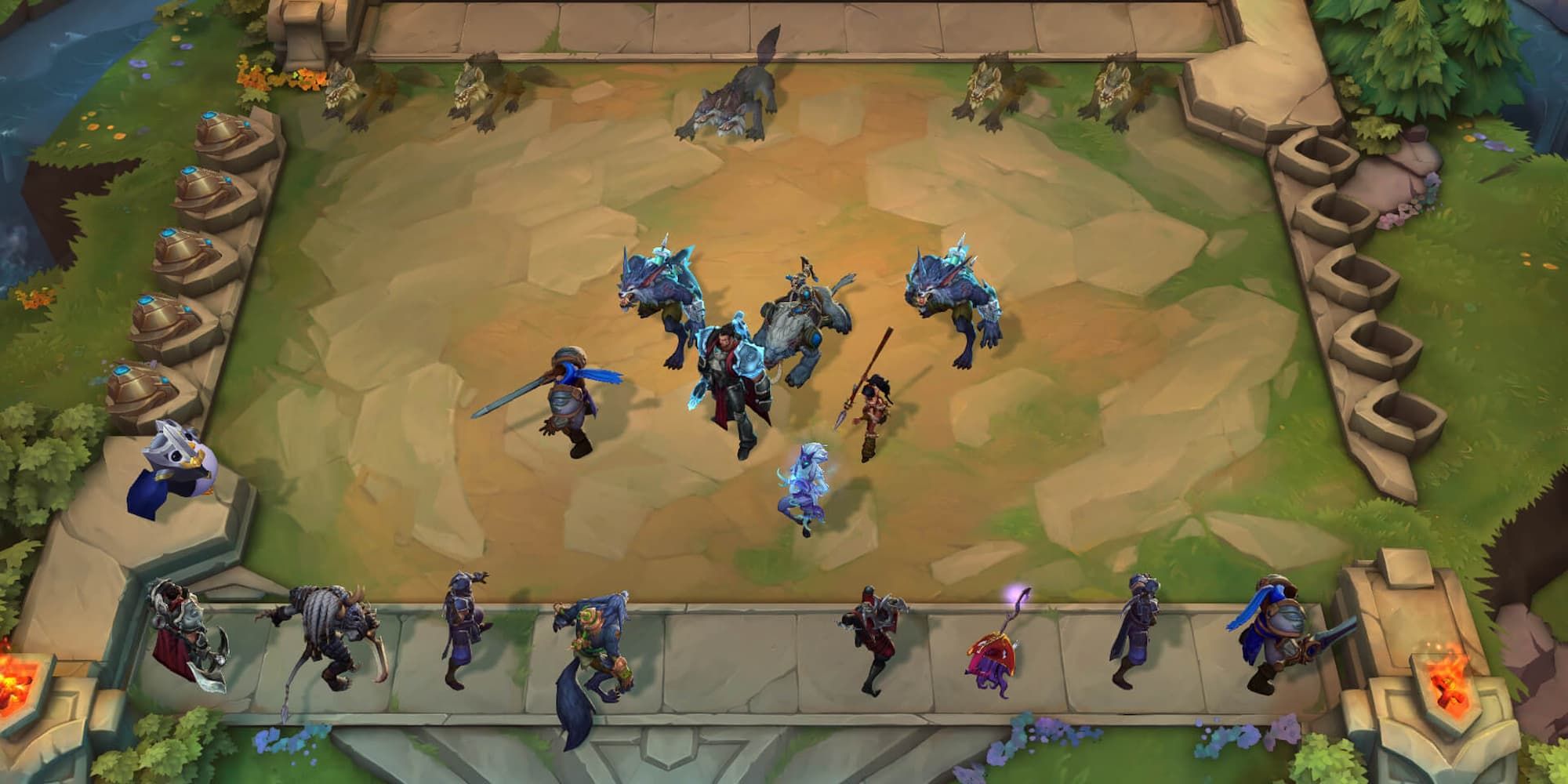Units sit on one side of the board while opposing units stand in the center in Teamfight Tactics.