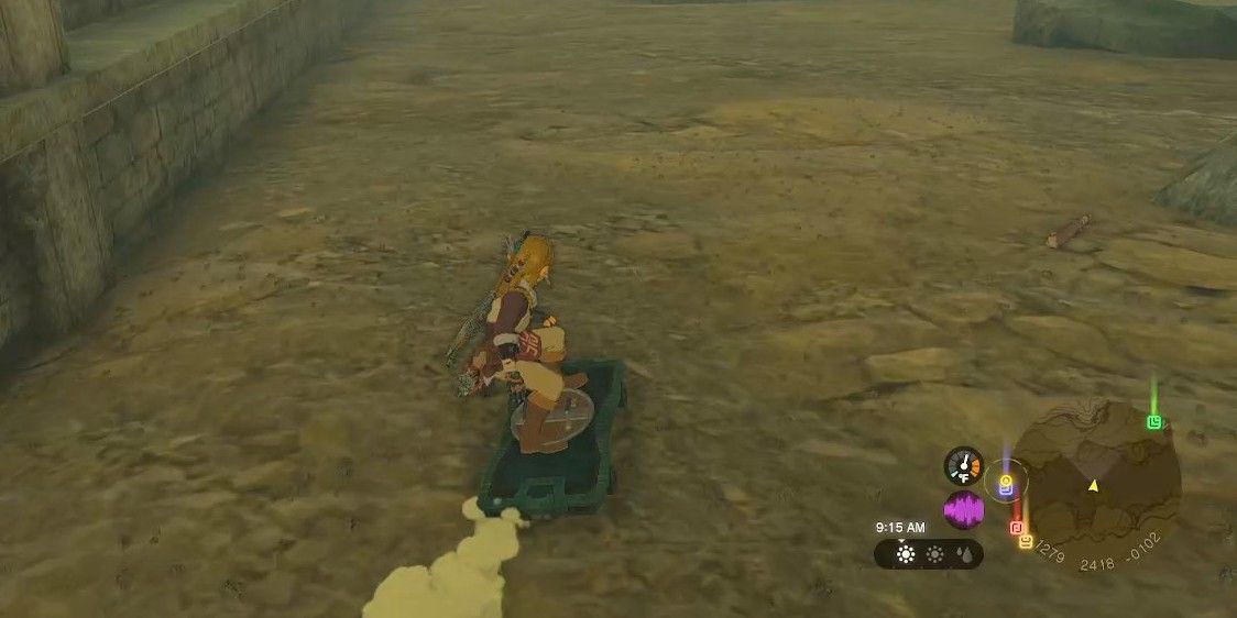 Tears of the Kingdom screenshot of Link riding a Shield with a cart attached