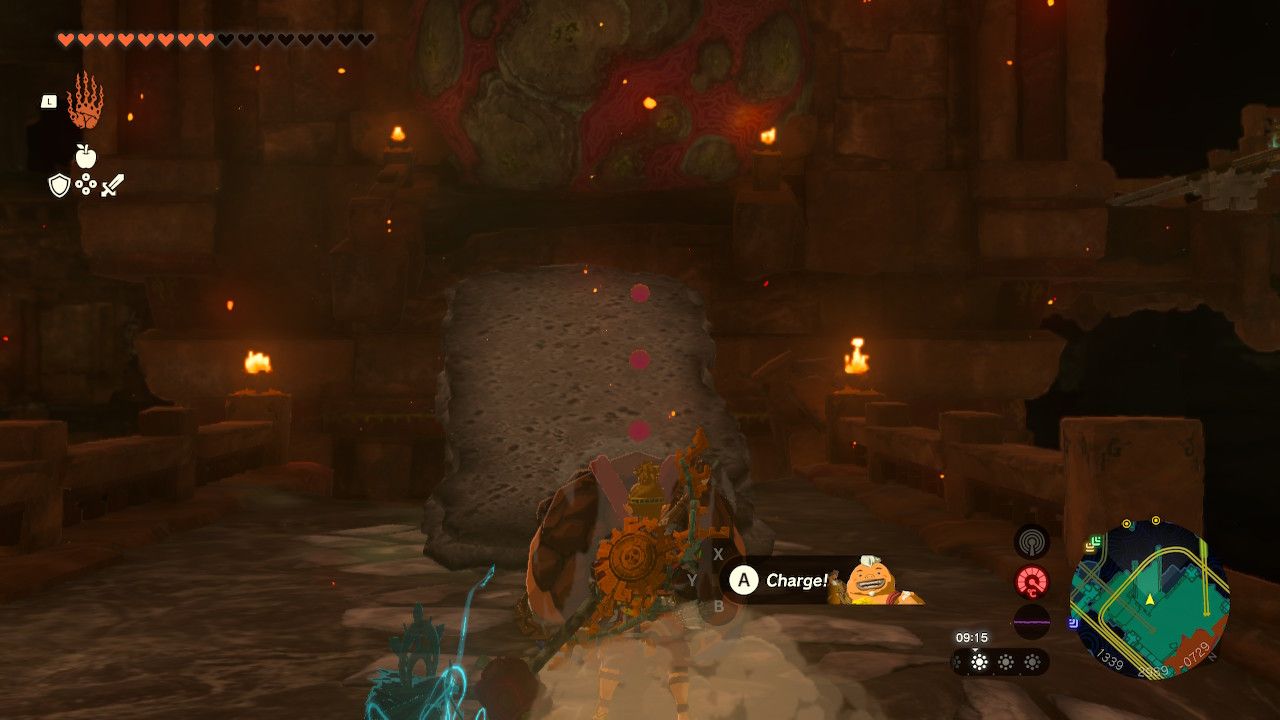 Tears of the Kingdom - Fire Temple - Breaking a large marbled rock using a ramp and Yunobo