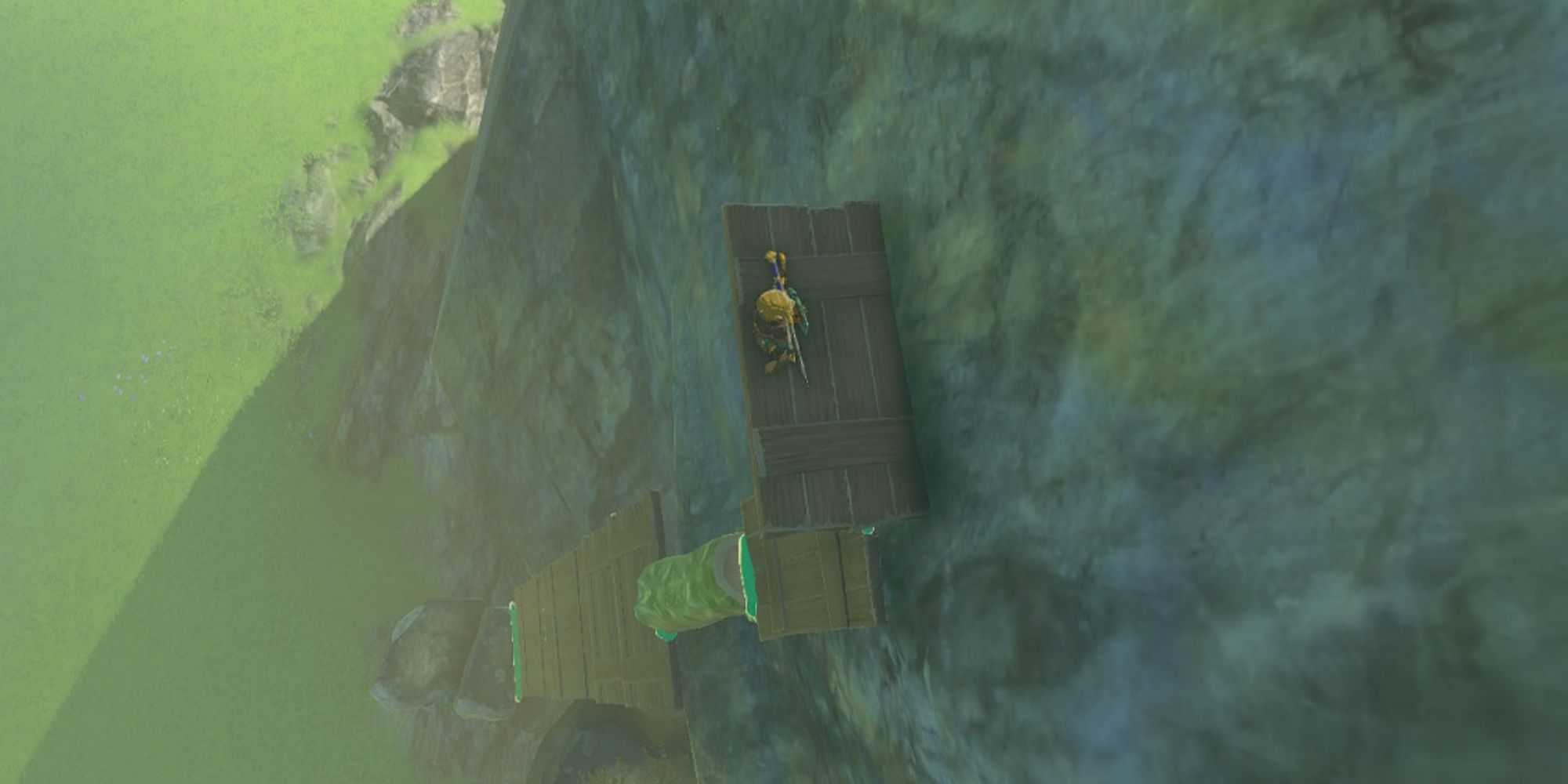 Tears of the Kingdom - Link standing on a ladder with resting platform built with ultrahand