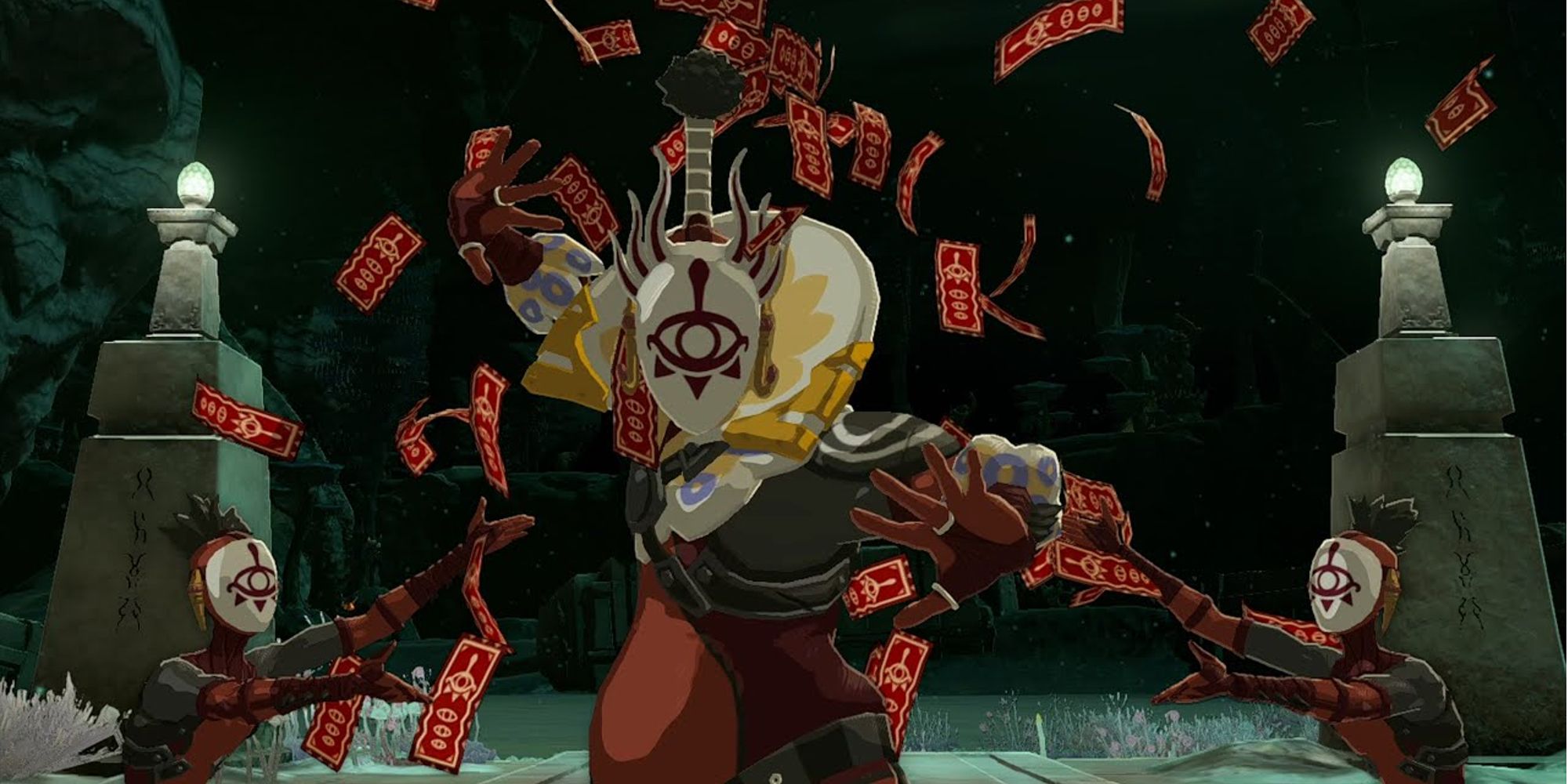 tears of the kingdom master kohga with two yiga clan members gesturing to him
