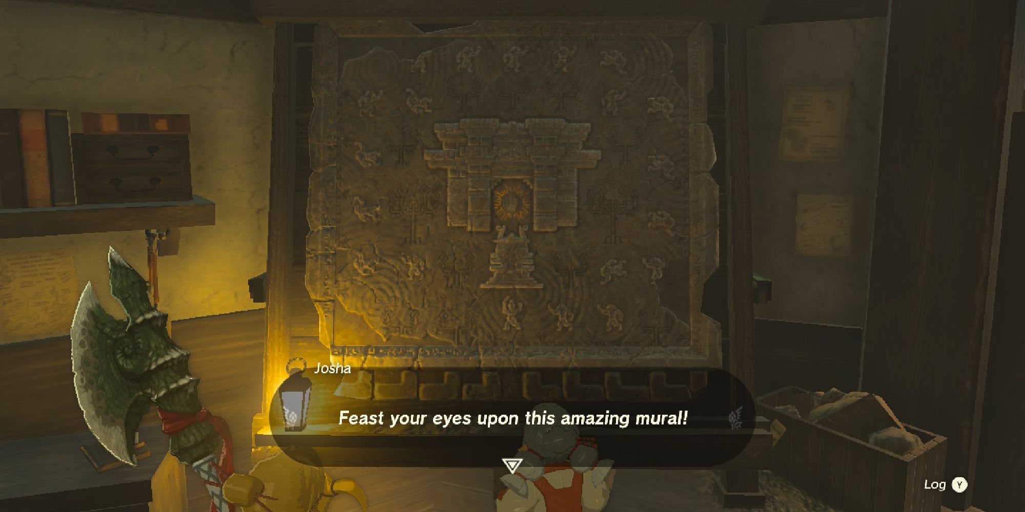 tears of the kingdom mural of temple with josha saying "feast your eyes upon this amazing mural!"